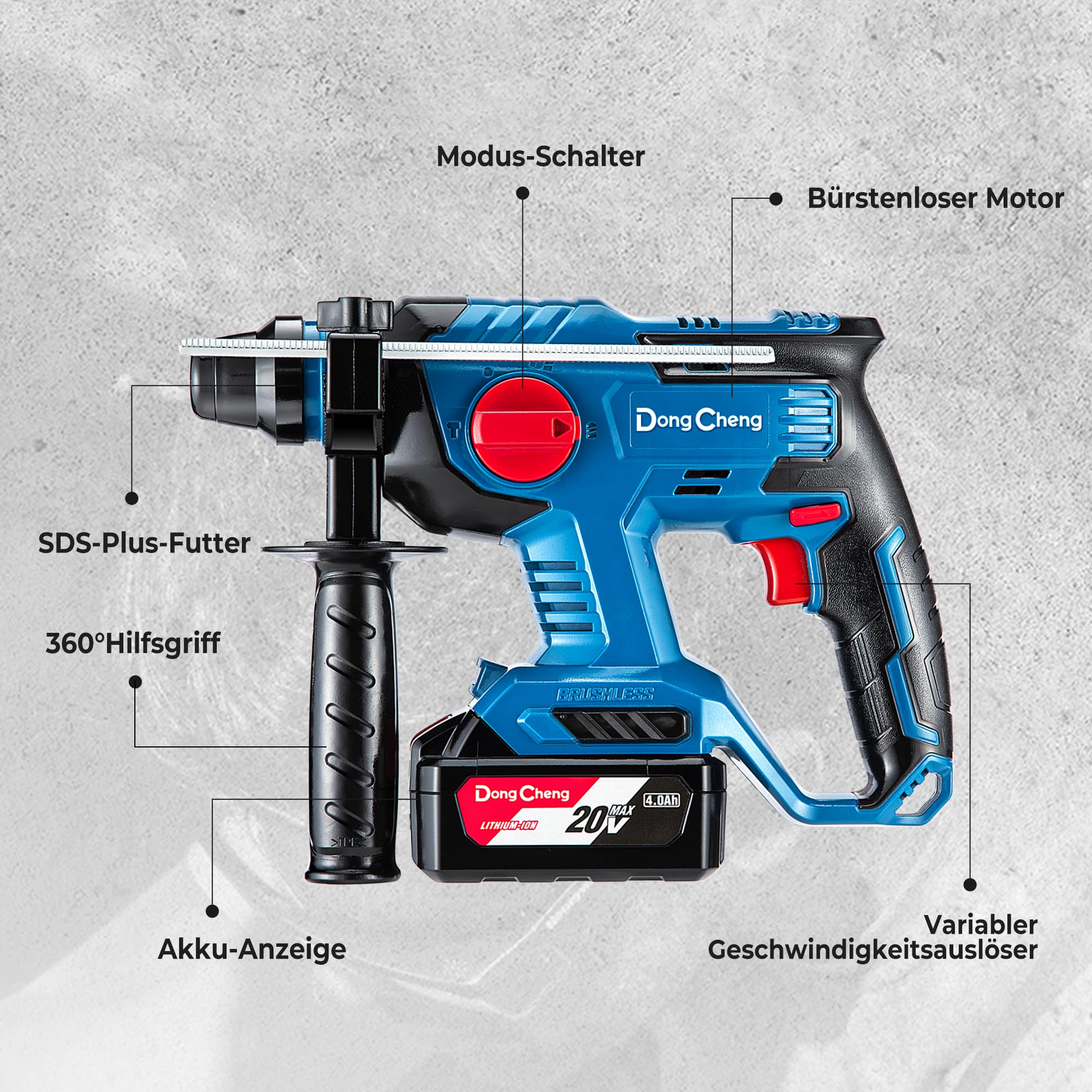 DongCheng Akku Bohrhammer 20V, Schlagenergie 2.1 J, mit 4 Stück SDS-plus, Bohren bis 28 mm, Bürstenloser Bohrhammer Motor, Anti-Vibrationsgriff, inkl. 4Ah Akku und 2A Ladegerät im Handwerkerkoffer