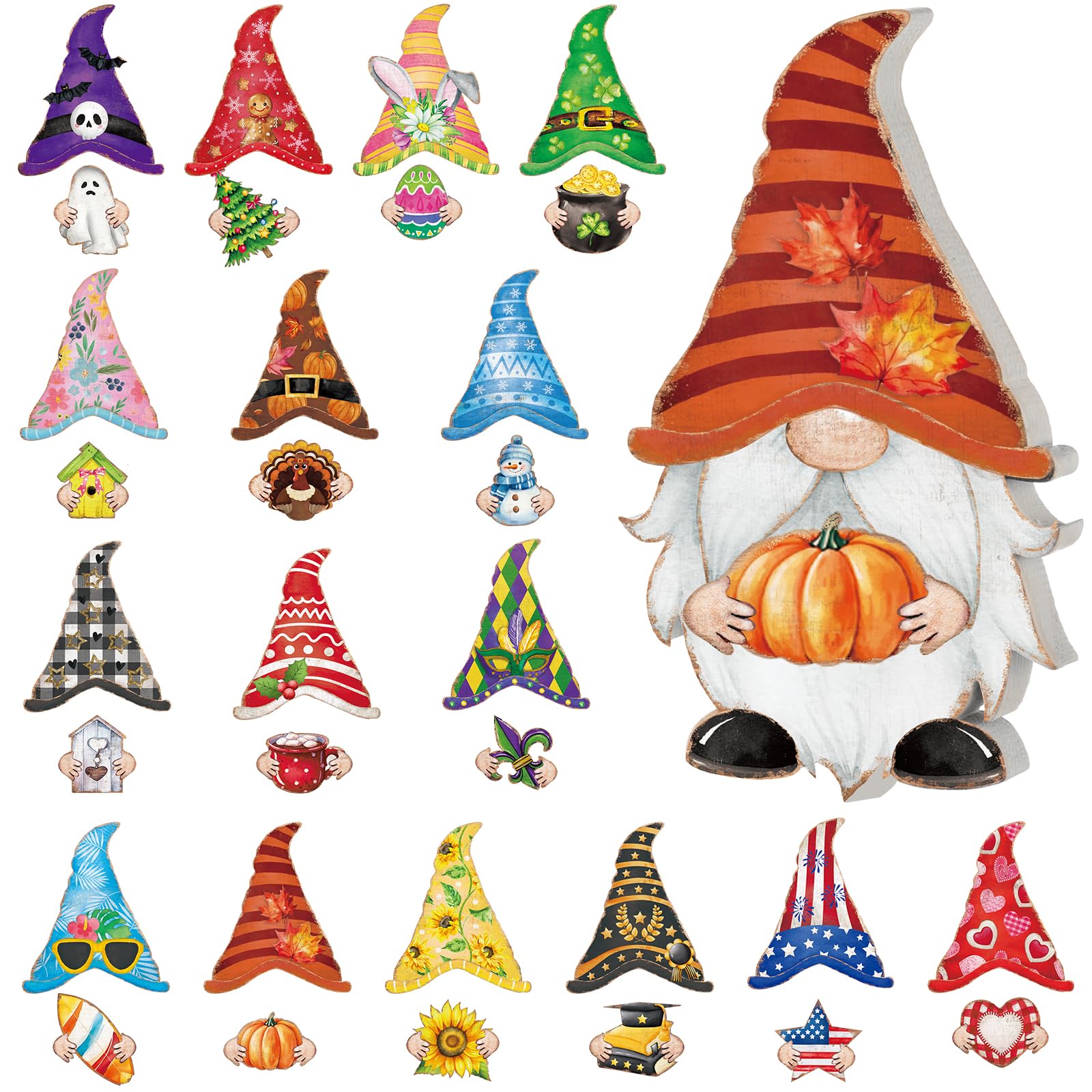 Qunclay 33 Pcs Chriatmas Interchangeable Gnome Decor Chriatmas Gnome Decoration with Magnet and Detachable Hats Changeable Wooden Home Table Centerpieces Sign for Holiday Ornaments(Retro)