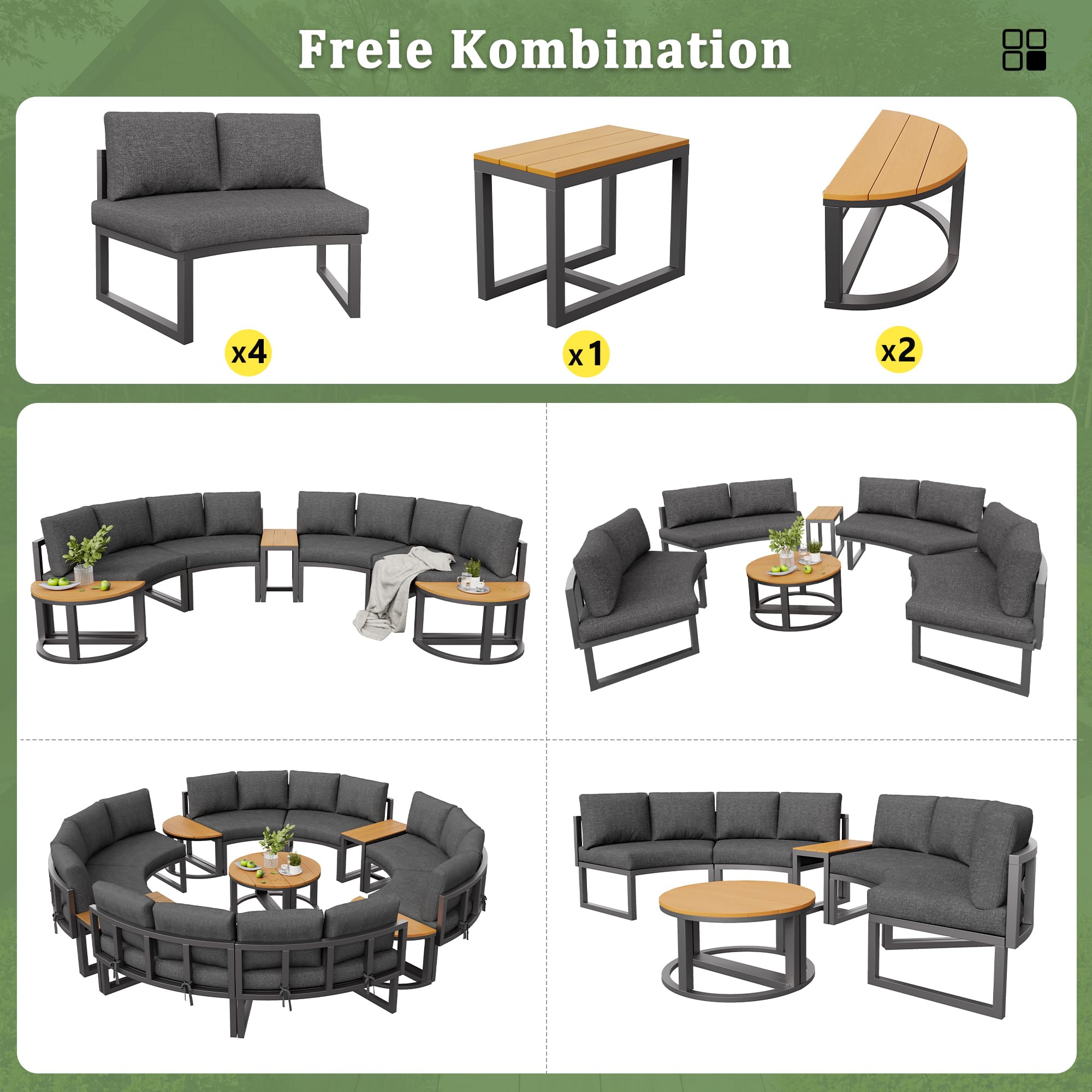 Gartenmöbel-Set für 4-6 Personen, Garten Loungesessel Set, Bequeme Gartenmöbel mit grauen Sitzpolstern und Kissen, verstellbare Beine, rundes Sofa, grau (4-6 Personen)