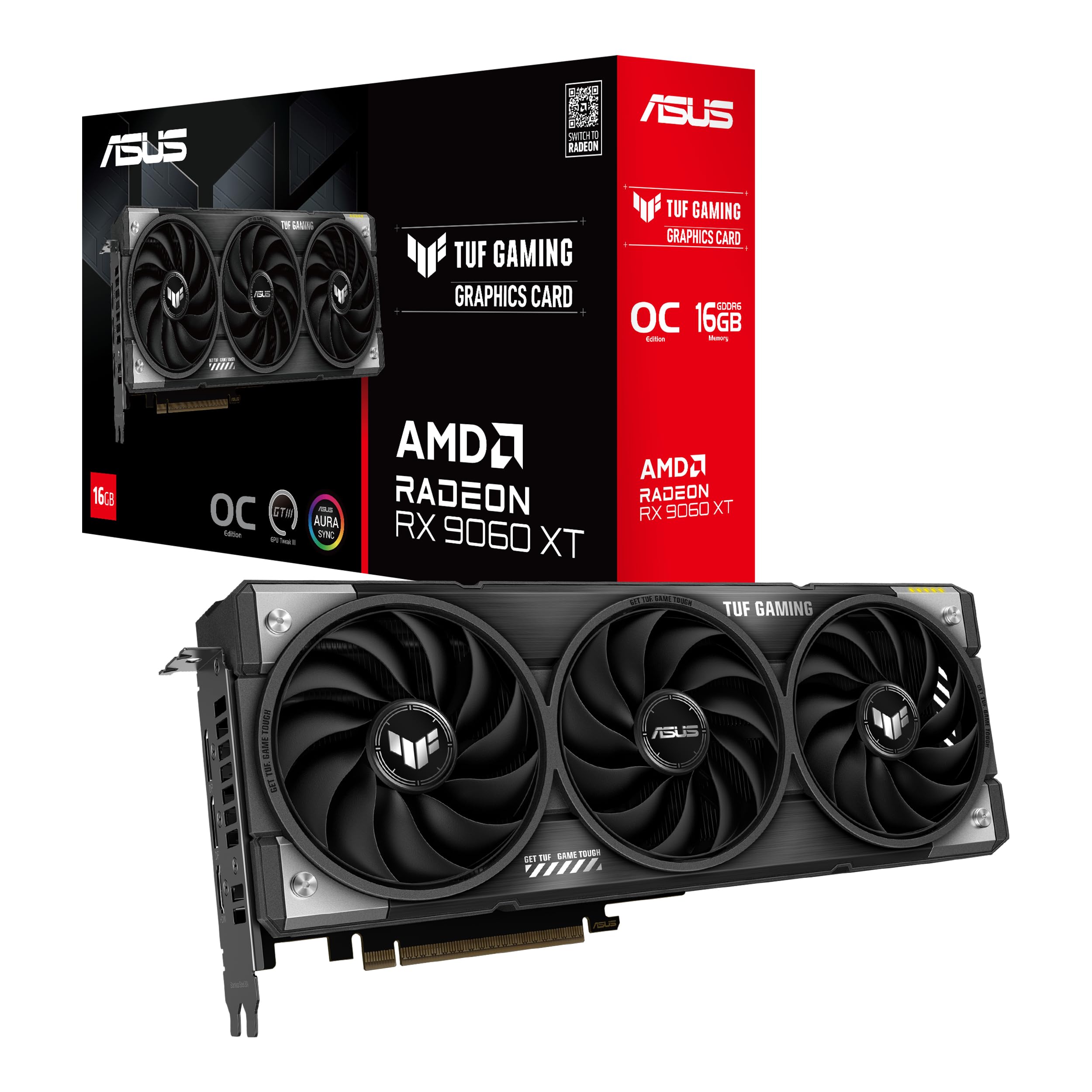 ASUS TUF Gaming Radeon RX 9060 XT 16GB GDDR6 OC Edition, Gaming Graphics Card, PCIe 5.0, HDMI/DP 2.1, 2.5 Slots, Military Grade, PCB Coated, Dual BIOS, Axial-Tech Fans TUF O16 GB RX 9060 XT