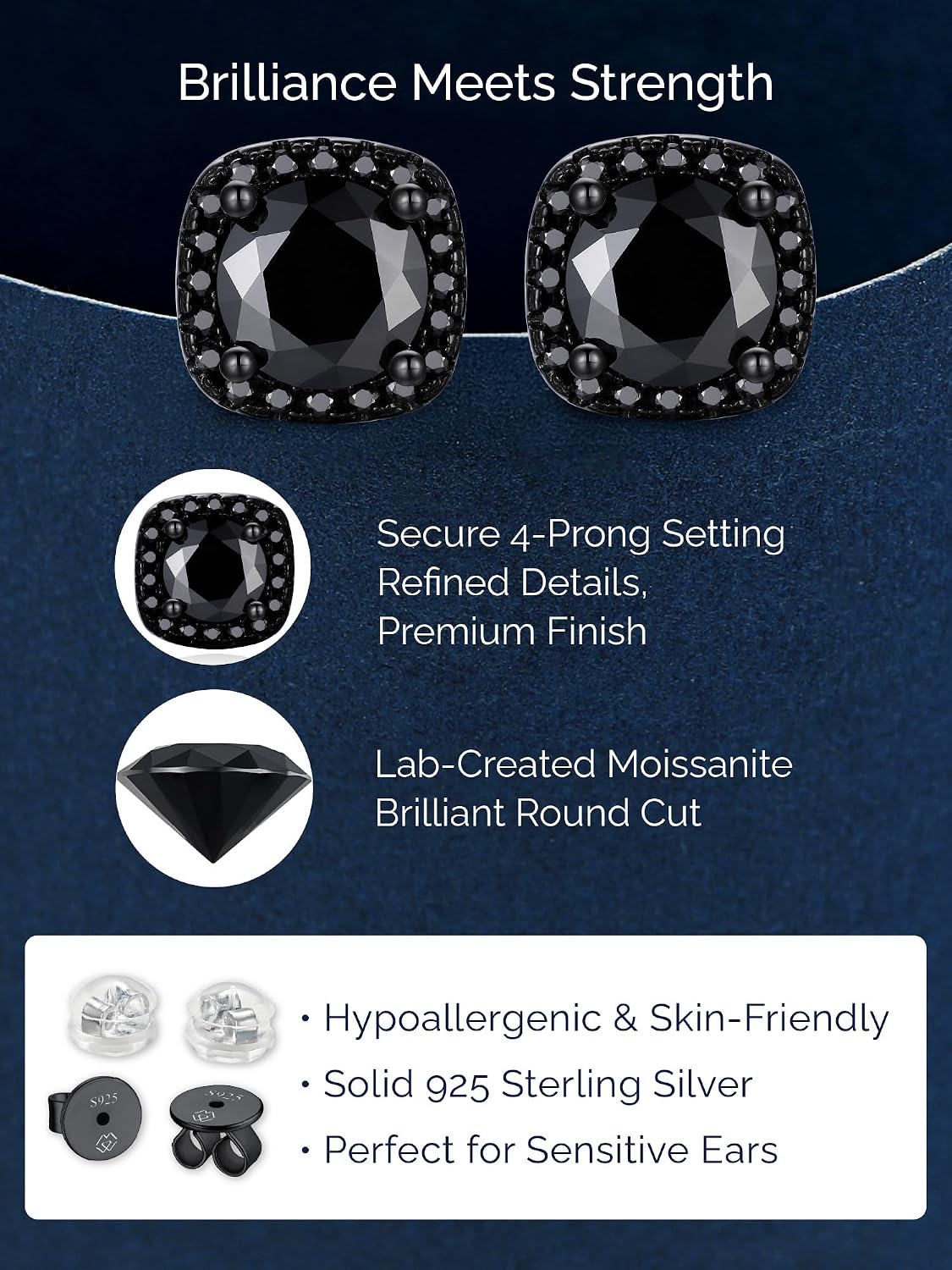 MomentWish Black Moissanite Stud Earrings D Color VVS1 Diamond 925 Sterling Silver Halo Studs Onyx Stud Earring For Women Men