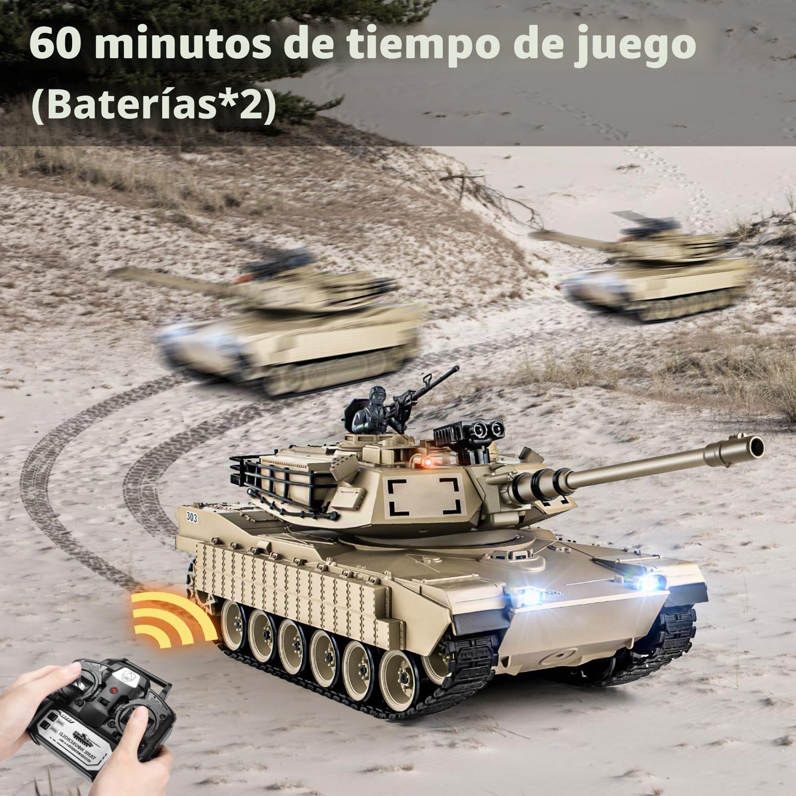 Supdex Tanque teledirigido 1:18, 2.4 GHz M1A2 Abrams, Modelo de Tanque telecontrolado, 15 Canales con Humo, luz y Sonido, vehculo Militar RC para Adultos y Nios