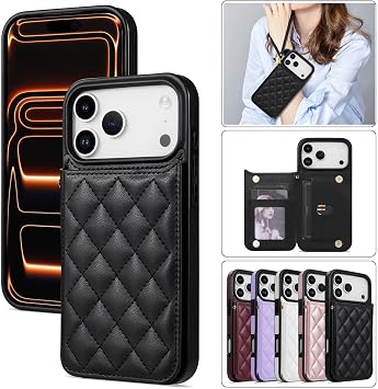 iPhone 16 Pro Max用ジェネリックケースカラー:ブラック ストラップ レザー グリッド ウォレット ハード シリコン フリップ バック ケース