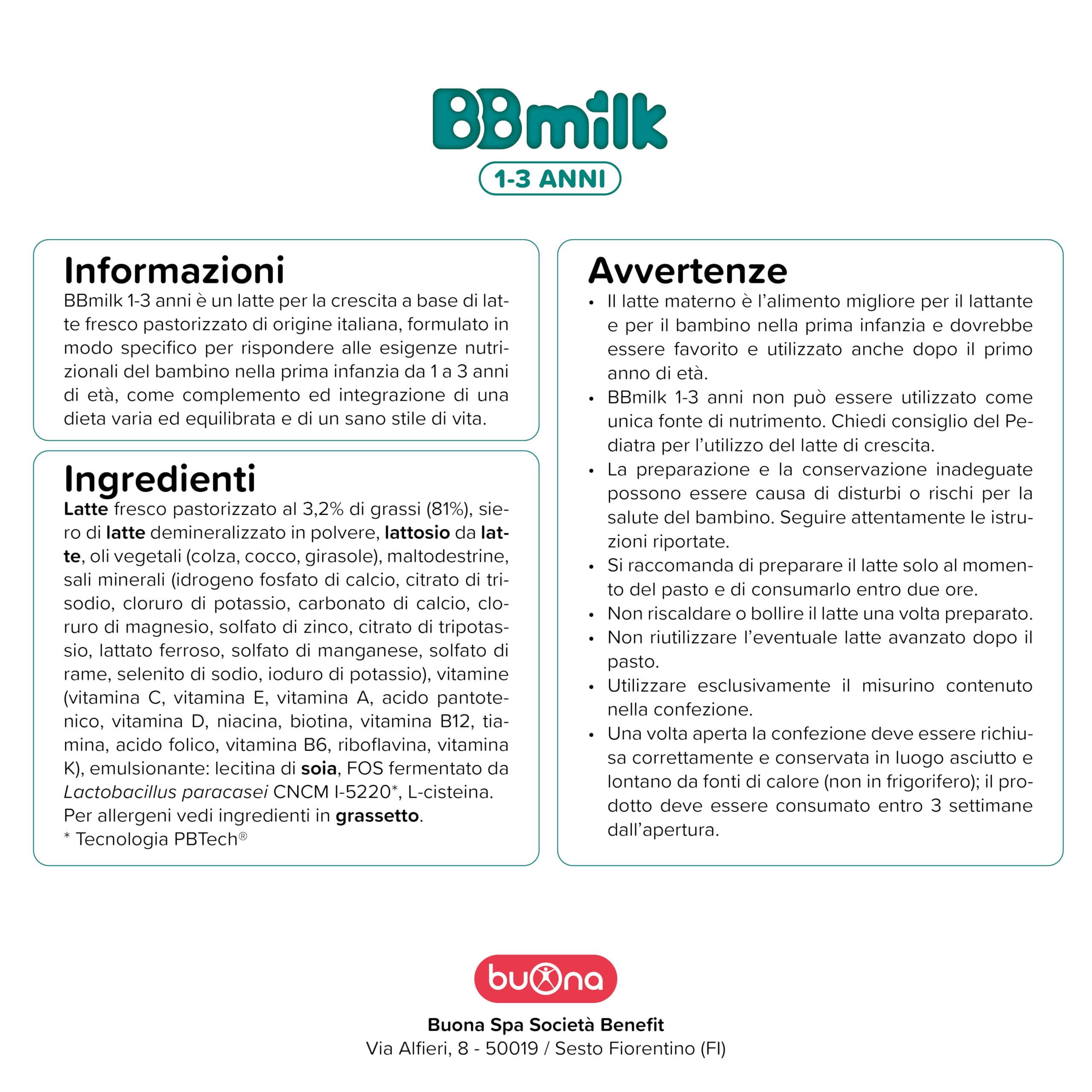 Buona Latte in Polvere Bambini, BBmilk 1 3 anni 2x400g, con Ferro, Calcio, Vitamina D e Zinco, Latte Crescita per Fabbisogni nella Prima Infanzia da 1 a 3 Anni