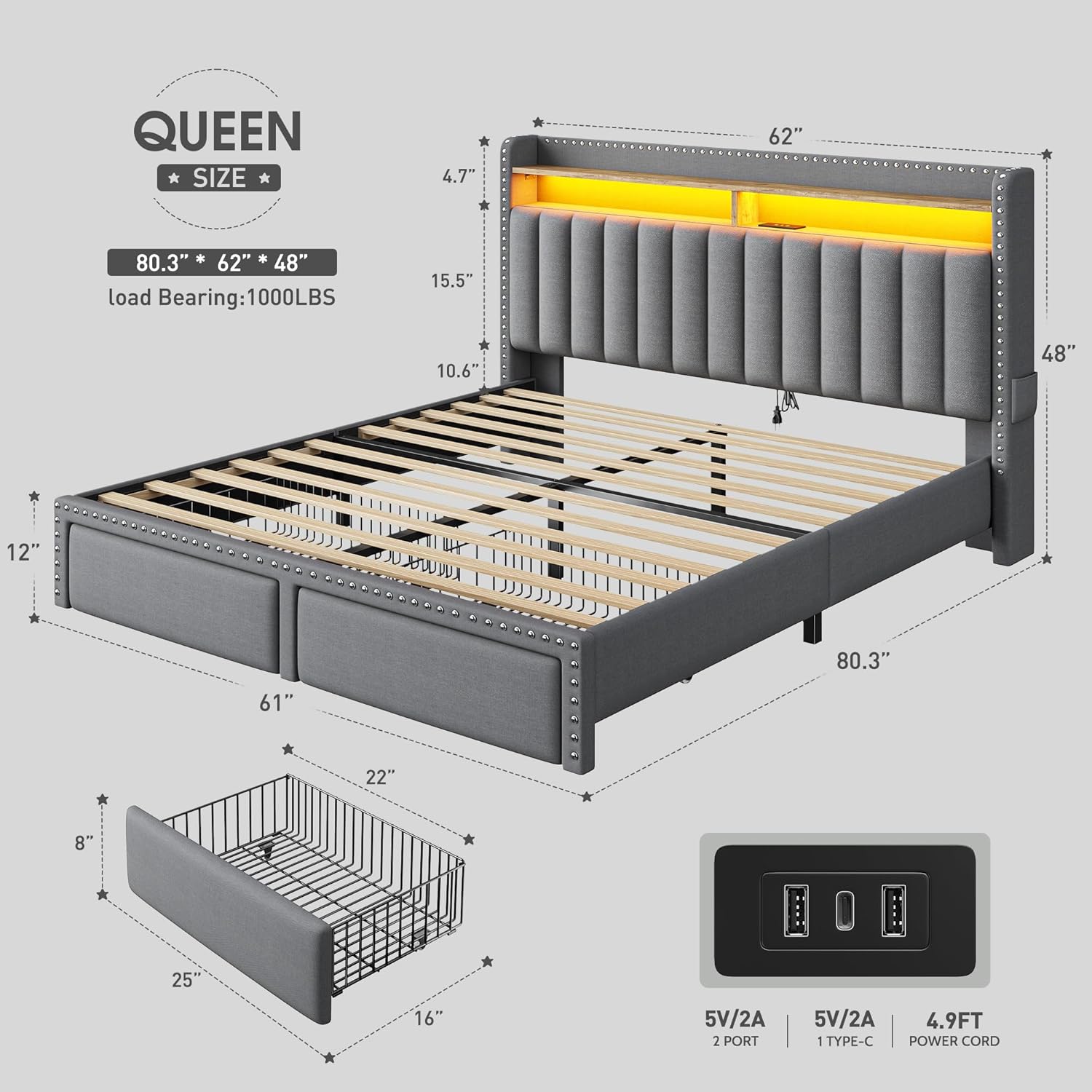 EnHomee Queen Bed Frame with 2 Storage Drawers, Upholstered Platform Bed with LED Lights and Charging Station, Sturdy Wooden Slats Support, No Box Spring Needed, Noise Free, Grey