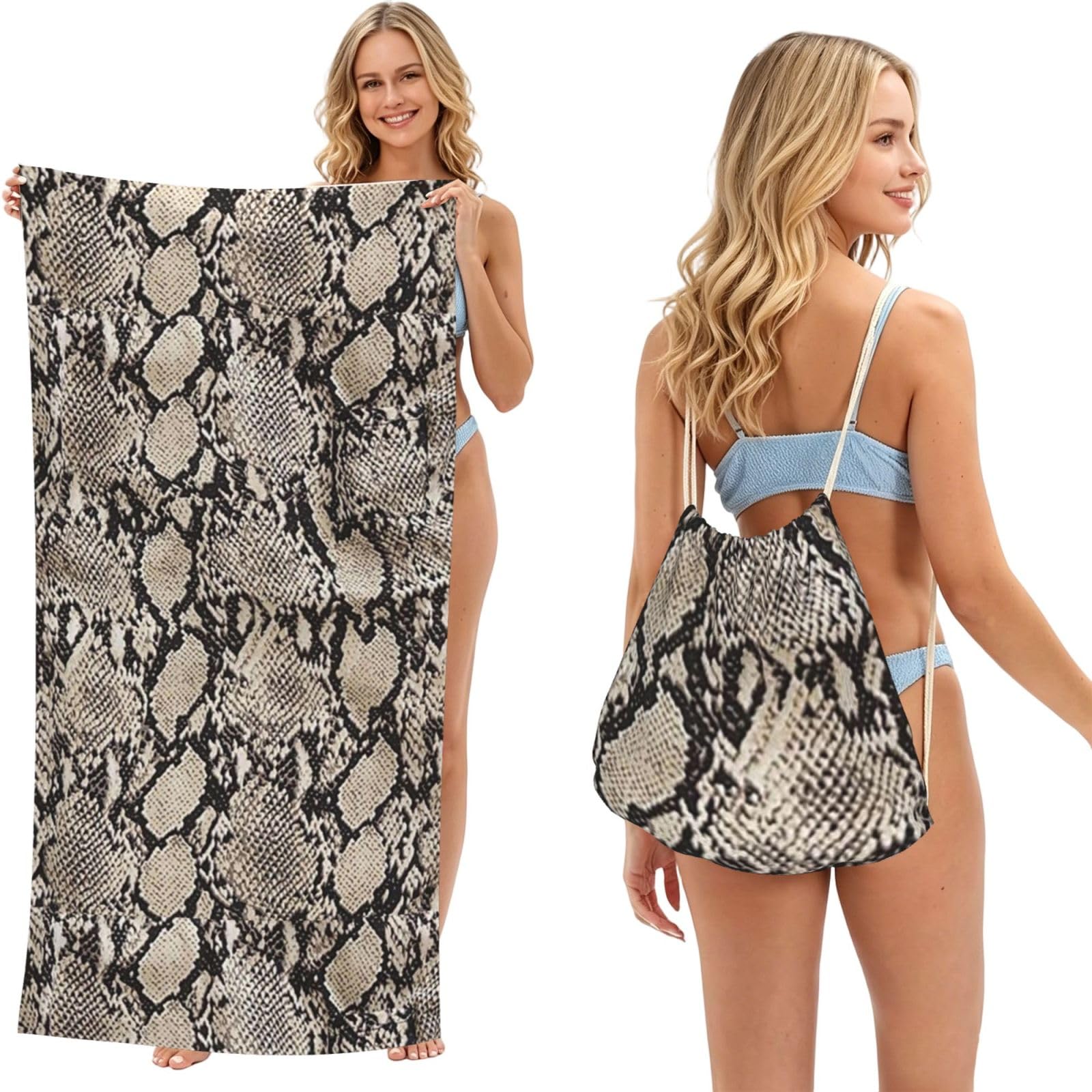 Poadnly As Picture Snakeskin Print, 2 In 1 Packable Towel Bag, Beach Towels With Drawstring Backpack For Travel Holiday Camping
