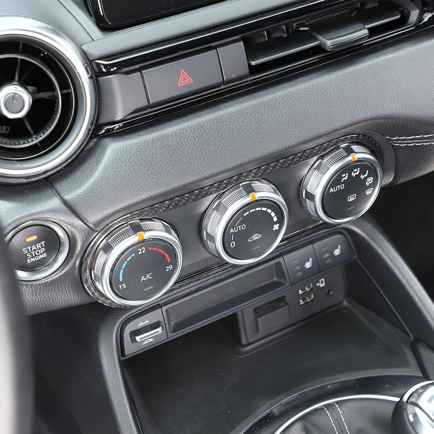 Real Carbon Fiber Car Central Console Trim Frame,Fit for Mazda MX-5 ND Fiat Abarth 124 2016-2025+ Car Console Air Condition Button Trim Protection Frame,Interior Accessories (Black Carbon Fiber)