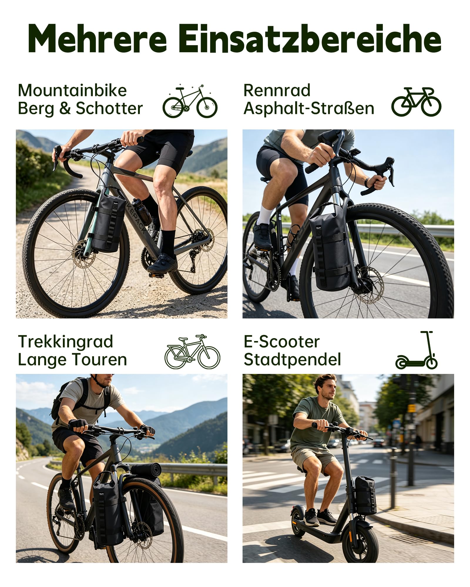 Sacoche Fourche Velo 5l étanche,Sacoche Avant Velo,Rolltop Fixation Facile | Matériau résistant aux déchirures & usure, pour sorties bikepacking et urbaines, protège pluie, boue et éclaboussures