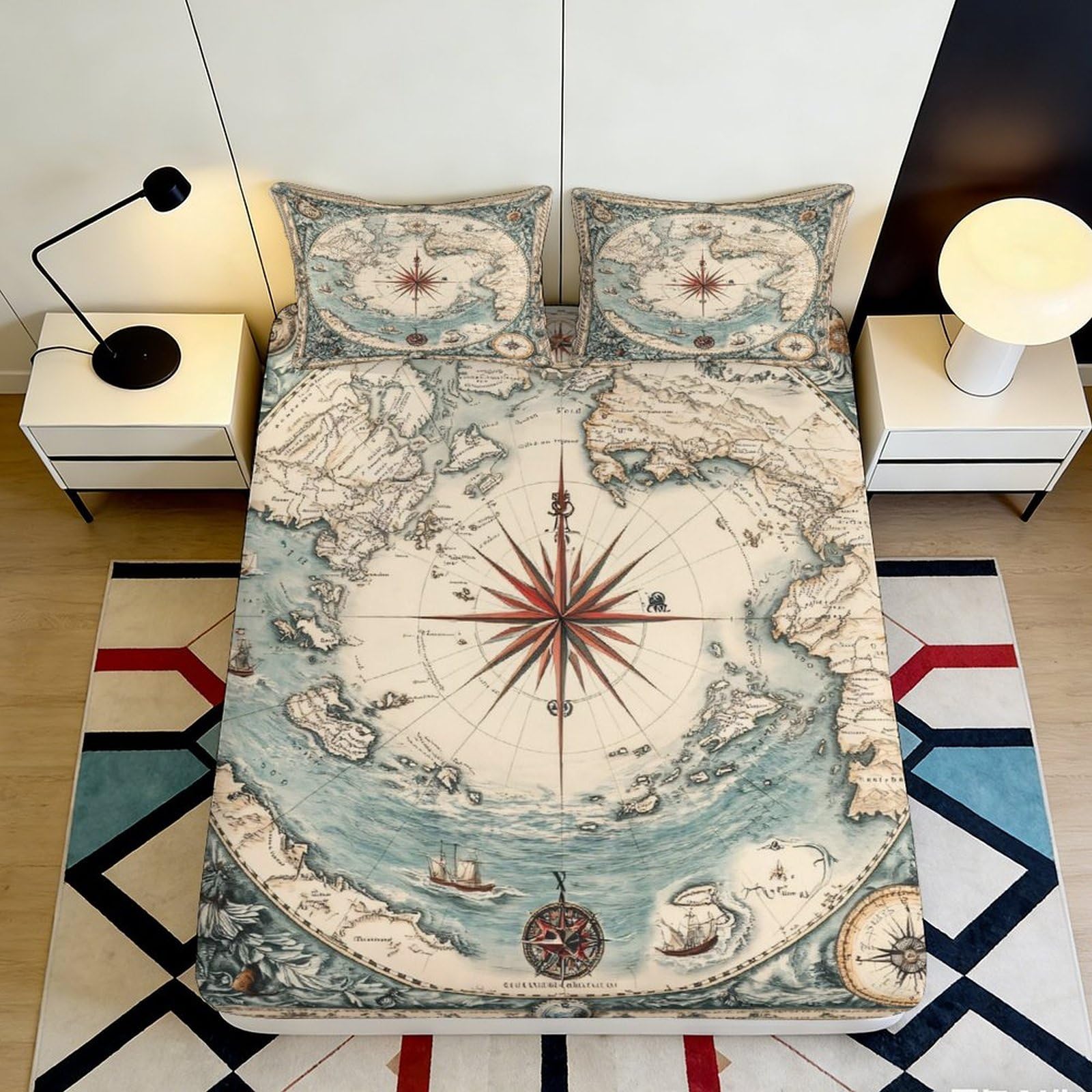 3D Printed Vintage Map Fitted Sheet Microfiber Soft Durable Nautical Compass Bed Cover for Bedroom Dormitory Guest Room Mattress Protection 180x200x25cm