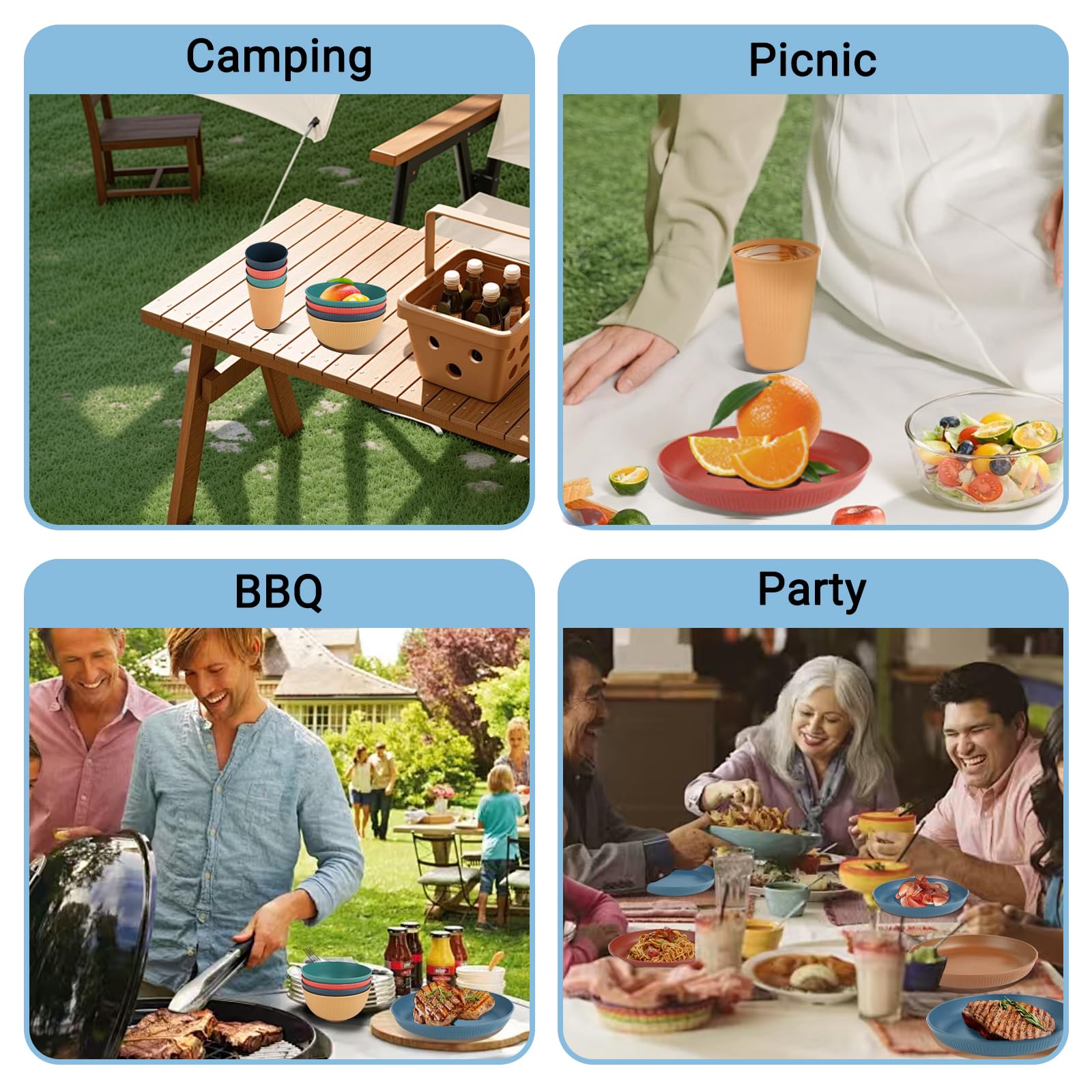 Juego de vajilla de camping 52 piezas para 4 personas – Vajilla ligera y apilable de plástico para picnic, barbacoa, jardín y viaje | Incluye platos, cubiertos, tazas y cuencos
