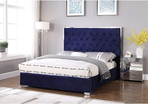 Best Master Furniture Natasha - Cama con plataforma de terciopelo, tamaño King, color azul