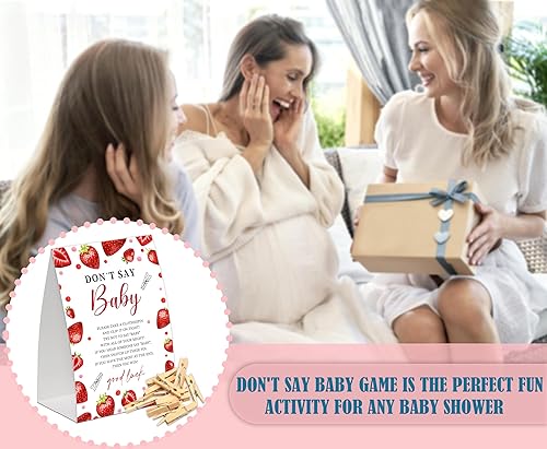 Miniatura 5 de Juego de bebé de fresa con texto en inglés "Don't Say Baby Show", paquete de un letrero de 5 x 7 pulgadas y 50 mini pinzas naturales para la ropa,