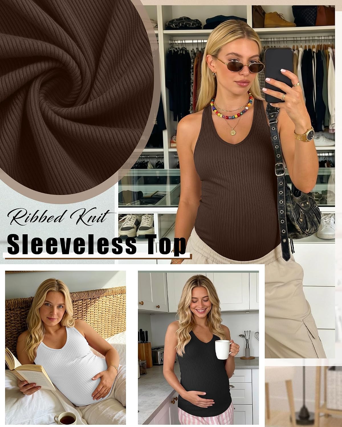 3 Pack Maternity Tank Tops Ribbed V Neck, 3-Color M