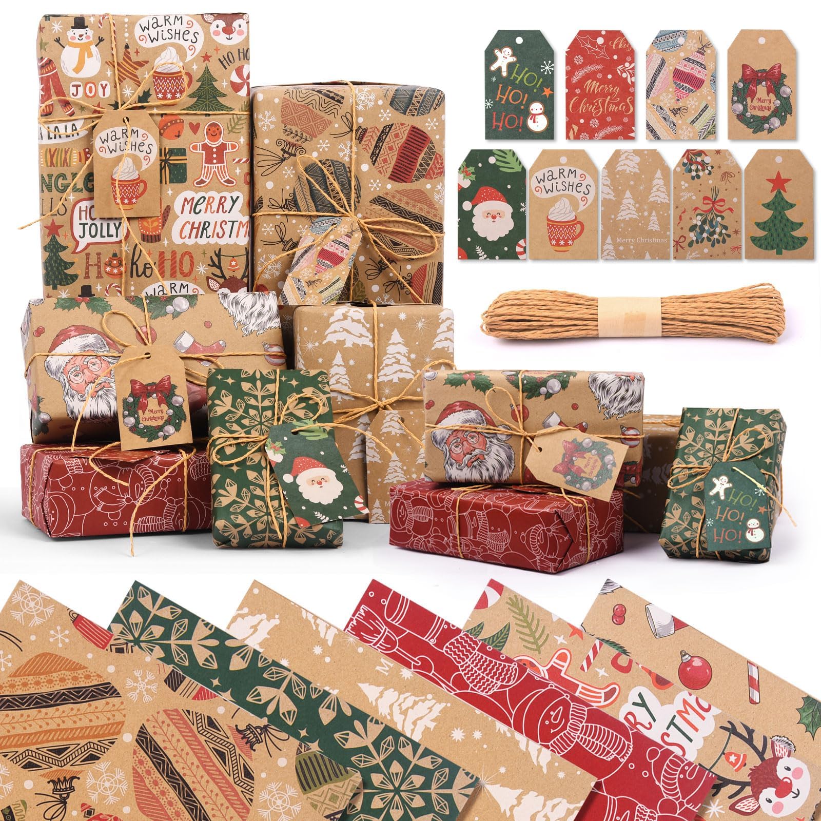 AhfuLife 12 Sheets Christmas Wrapping Paper for Gift, 70x50cm Xmas Wrapping Paper Folded Recycled Kraft Paper with 6 Vintage Designs and 9 Tags for Christmas Festive Party Decorations