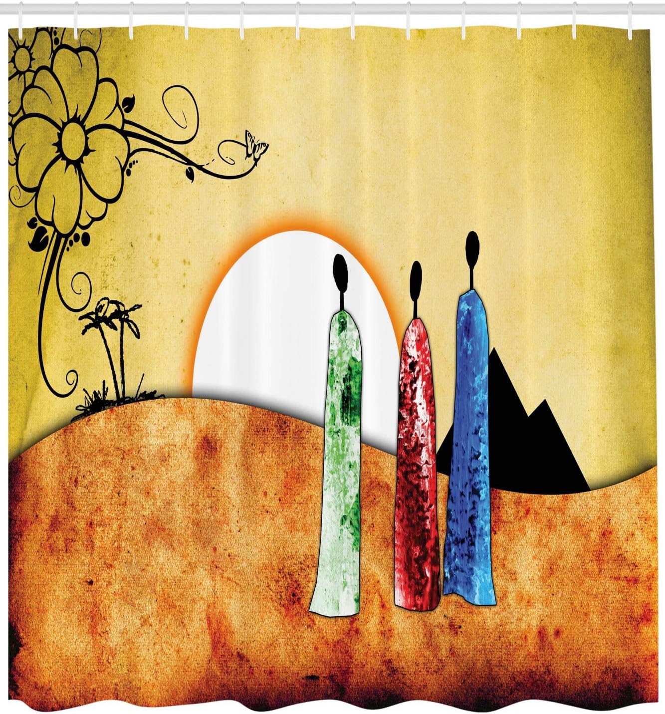 Ambesonne African Shower Curtain, People Facing Large Sun Savannah Desert Boho Wildlife Illustration, Cloth Fabric Bathroom Decor Set with Hooks, 69" W x 75" L, Pale Green Brown White