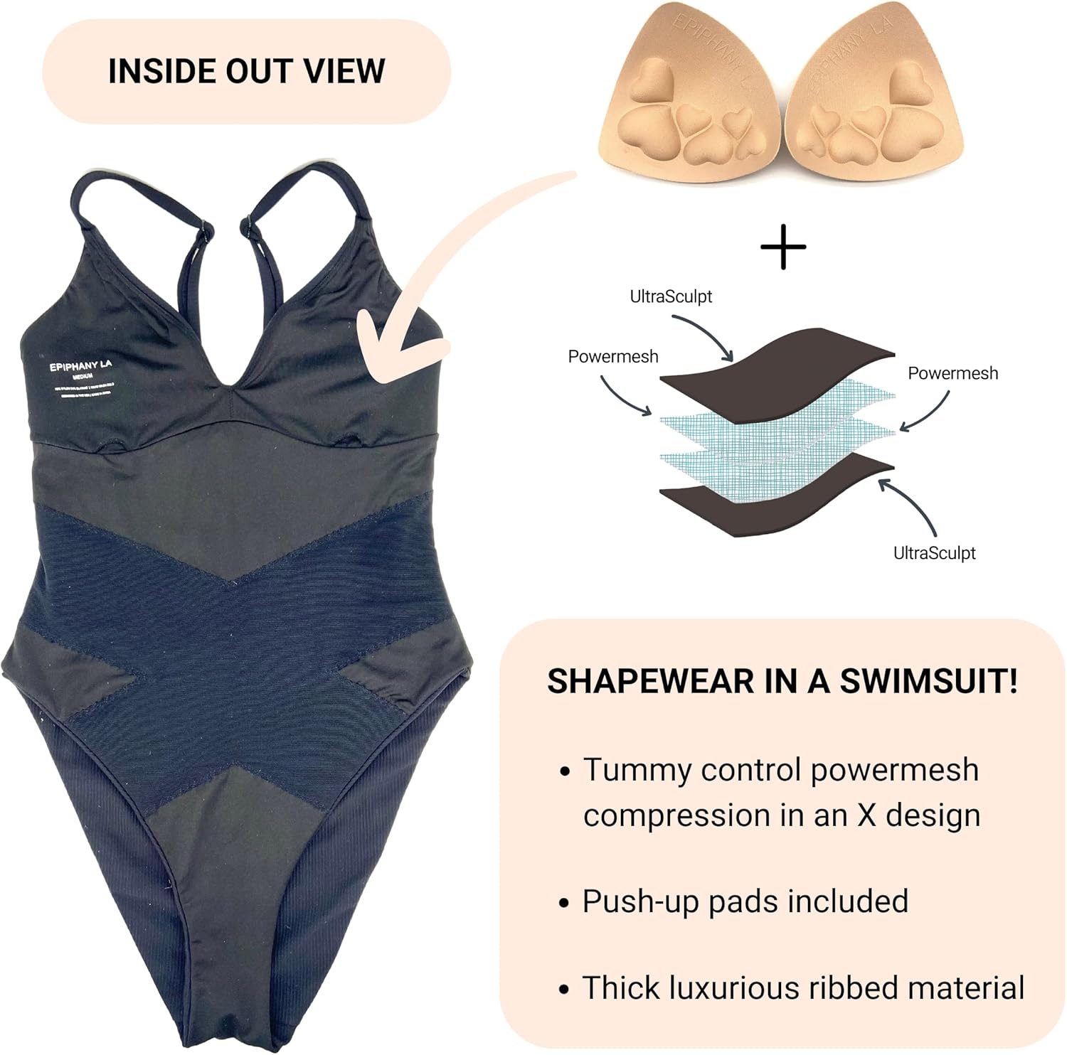 Epiphany LA One Piece Tummy Control Swimsuits for Women | High Cut Shapewear Swimsuit | Lace Up Back Bathing Suit | Push Up