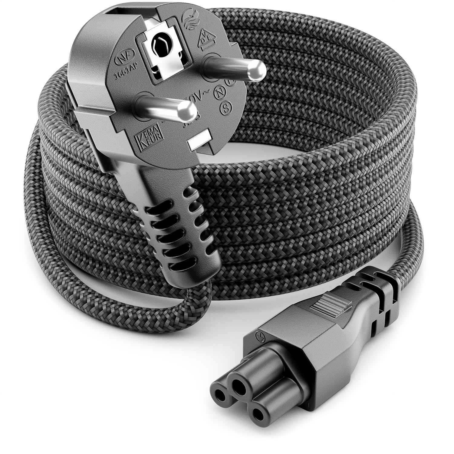 deleyCON 2m Kabel Zasilający - Typ F na C5 („Koniczynka”) - Nylonowy - Wtyk ze Stykiem Ochronnym Pod Kątem 90° - 2,5A - do Laptopów, Notebooków, Zasilaczy, TV, Monitorów - Szary
