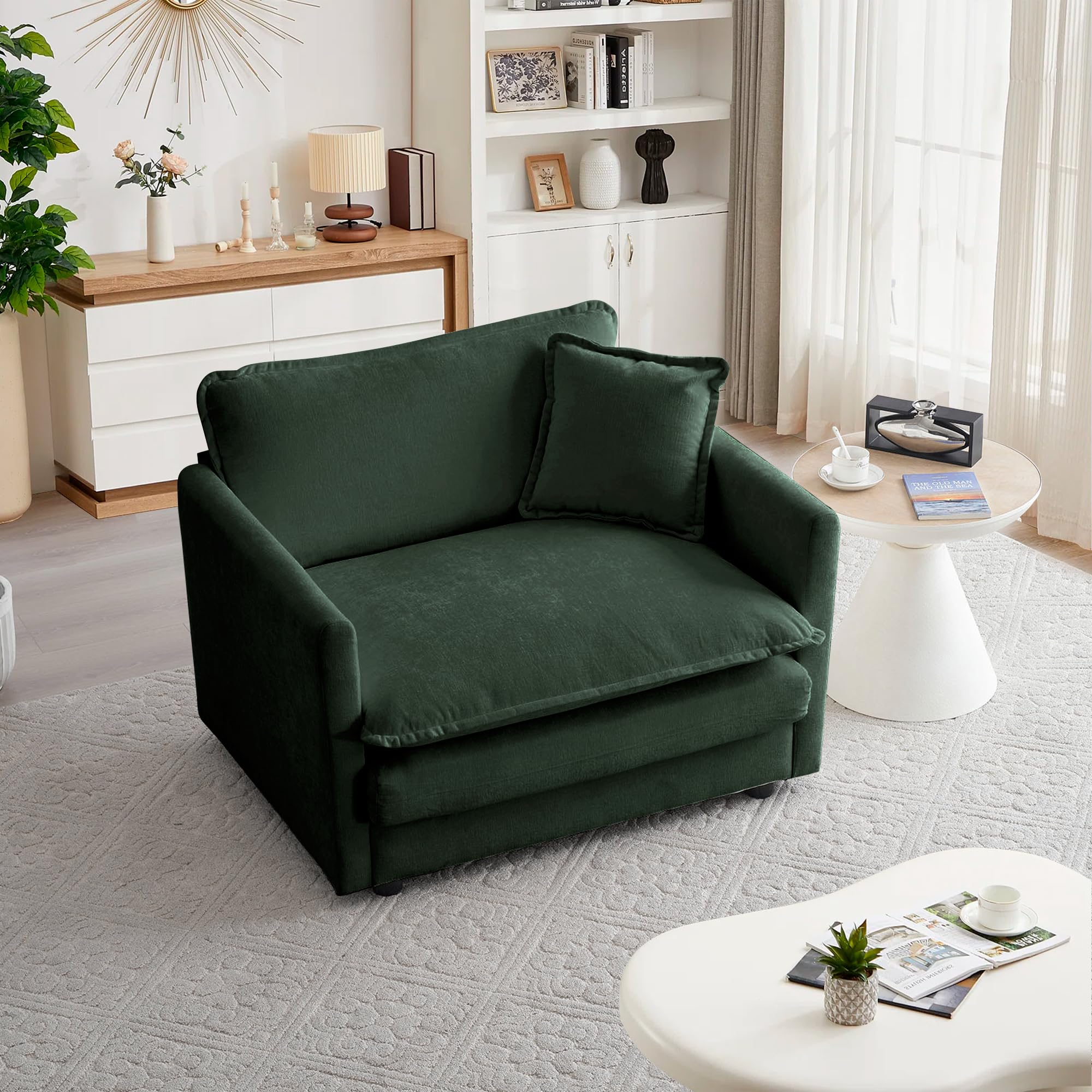 mikibama 41.4" W Single Seat Sofa, Chenille Comfy Deep Upholstered Couch Armchair with Toss Pillow for Living Room Bedroom Office Apartment, Evergreen