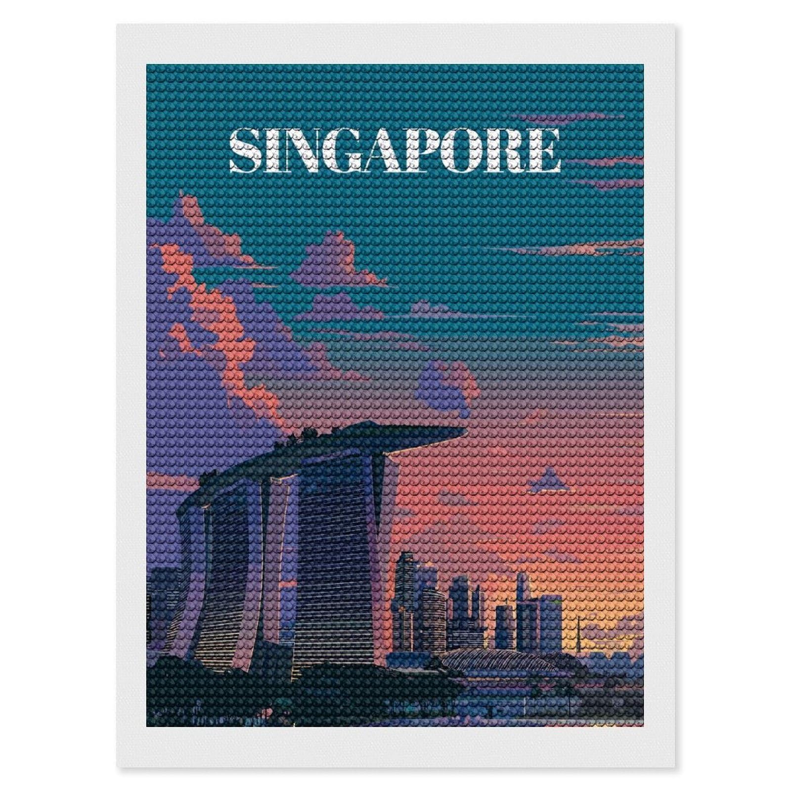 Junmoney Singapore Skyline at Sunset(3) Diamond Art Kit 12"x16", for Beginners, Vintage Style Decor, Good for Quiet Evenings, Festive Craft Gift