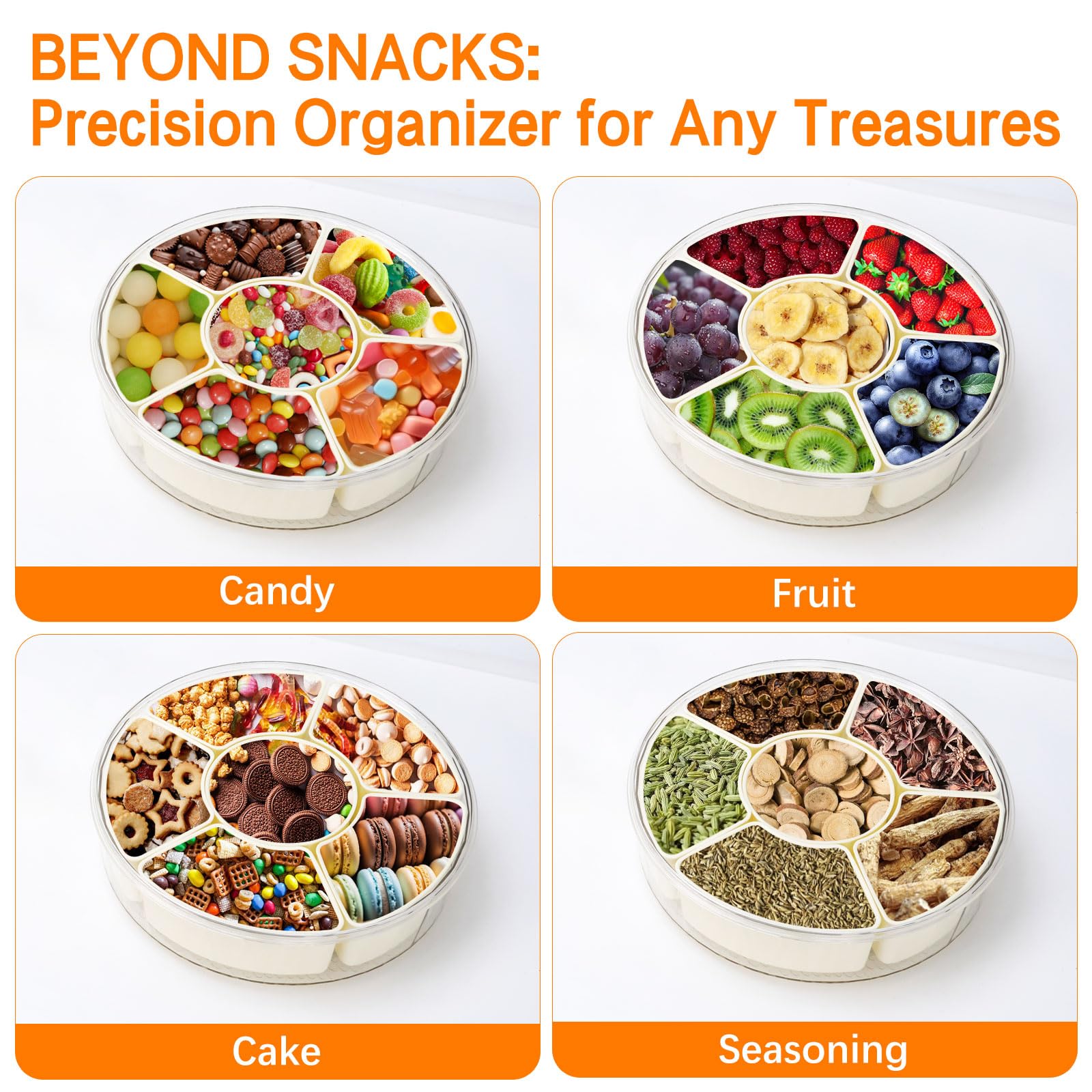 Snackbox mit Fächern, PP-Material Rund Spinner Snackbox Kinder mit 6 Fächern, Herausnehmbare Snackteller mit Deckel und Griff, Picknick Box für SüßIgkeiten Obst Gemüse -Round