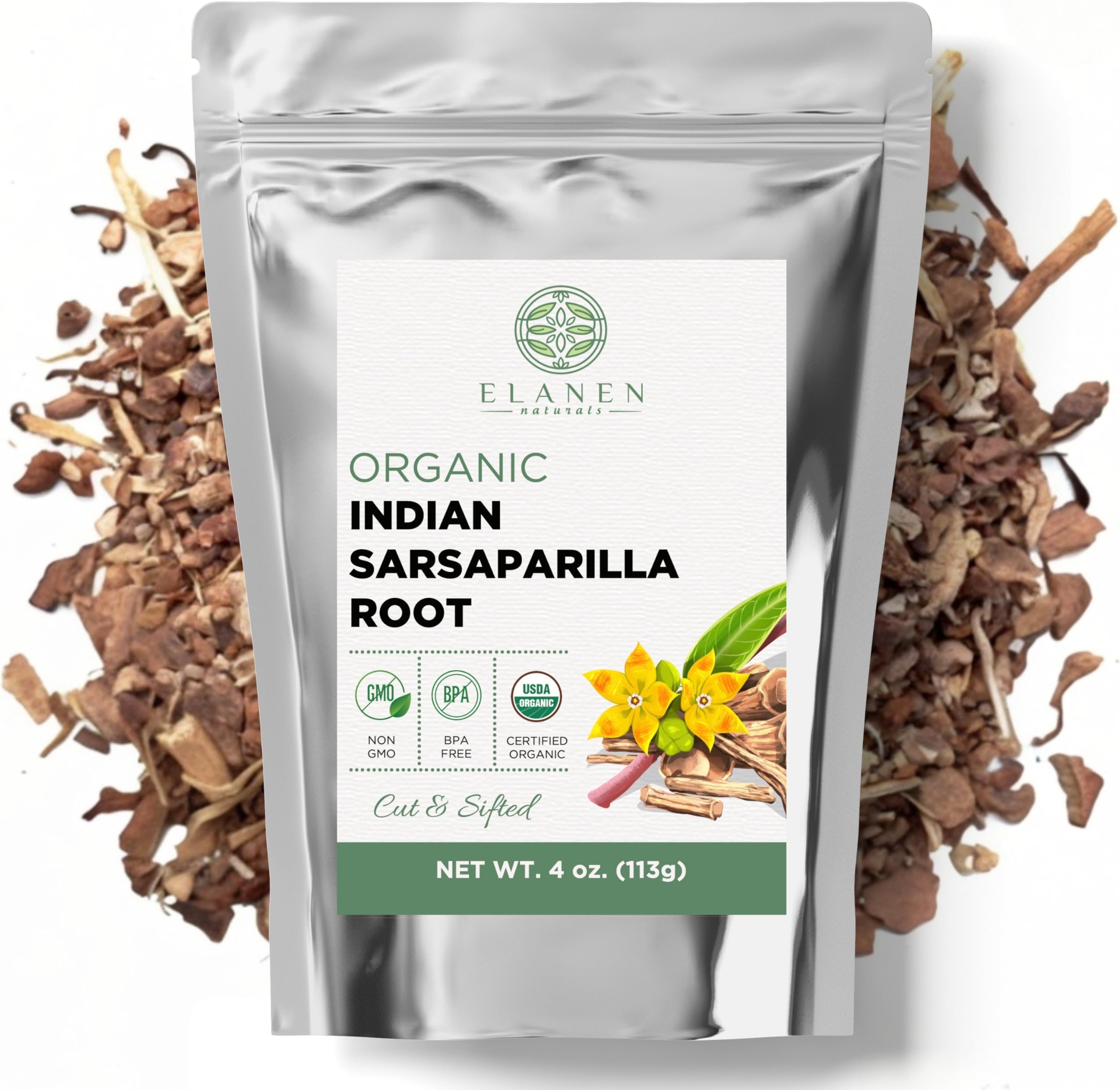 Organic Sarsaparilla Root 4 oz. (113g), USDA Certified Organic Indian Sarsaparilla Tea, Hemidesmus Indicus Sasparilla, Sarsparilla, Zarzaparrilla, Cut & Sifted