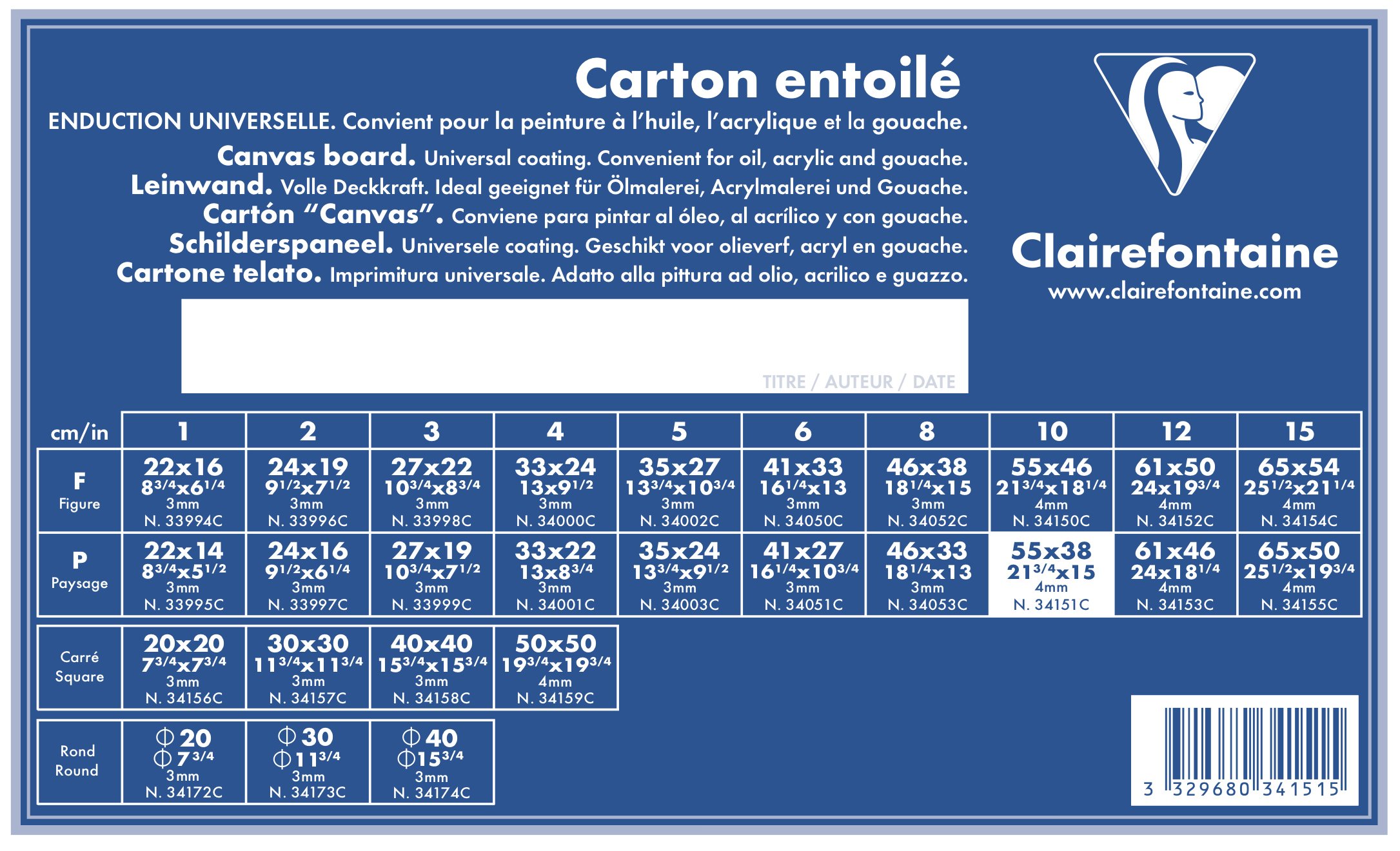 Clairefontaine, Ref 34151C, White Canvas Board (Landscape), 55 x 38cm, 3mm Thick, Made from 100% Cotton