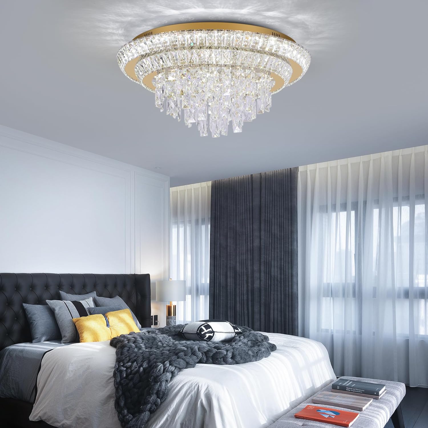 24 inch Crystal Gold Ceiling-Light Flush Mount With Remote Control and APP, 3CCT Dimmable & Brightness Adjustable, Modern Crystal Raindrop Chandeliers for Bedroom Hallway Dinning Room Living Room