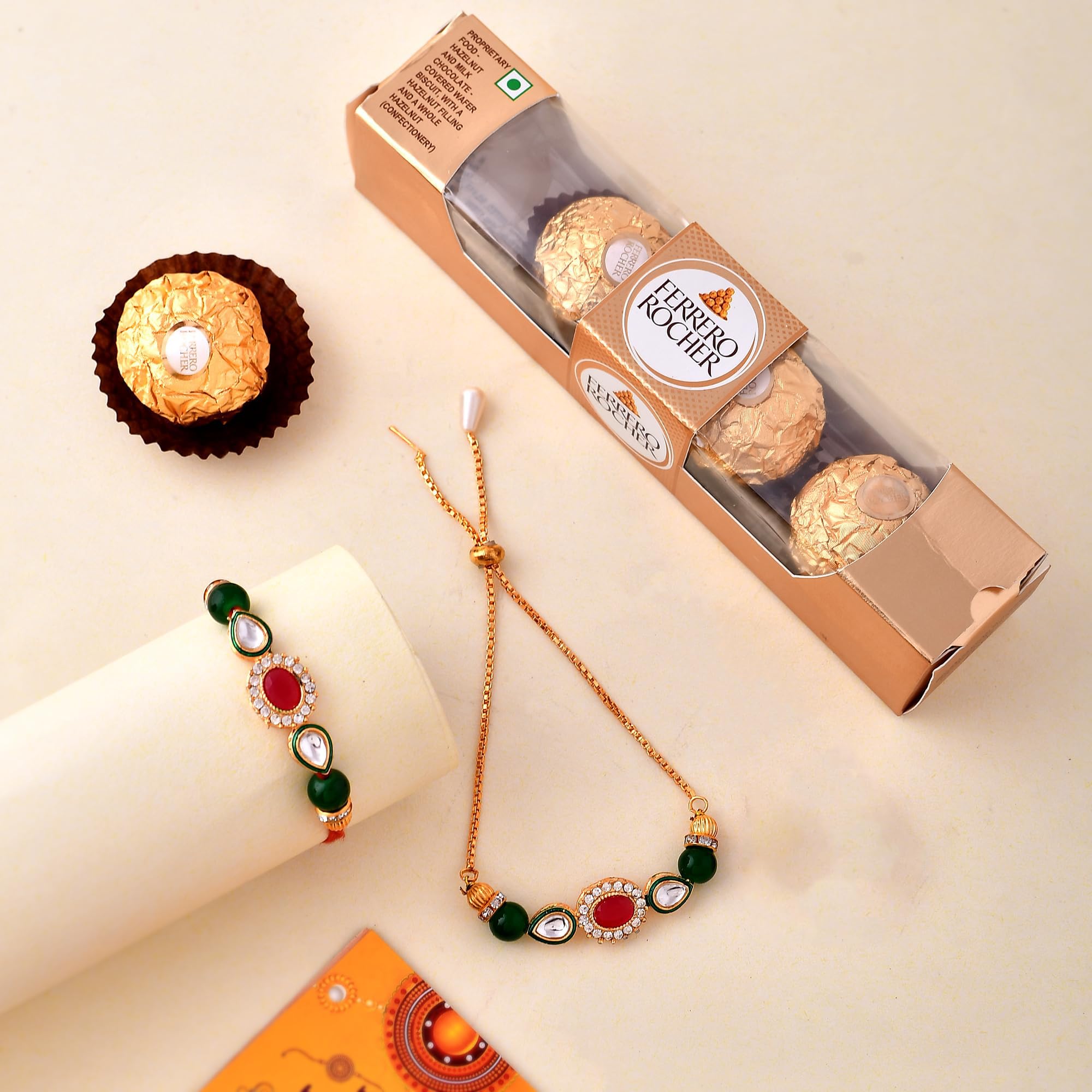 CraftVatika Ferrero Rakhi Chocolate Gift Pack for Brother and Bhabhi, Bhaiya Bhabhi Rakhi Set of 2, Kundan Rakhi, Couple Pair, Rakhi with Chocolate Gift for Brother Combo, rakhi set of 2-picture-11