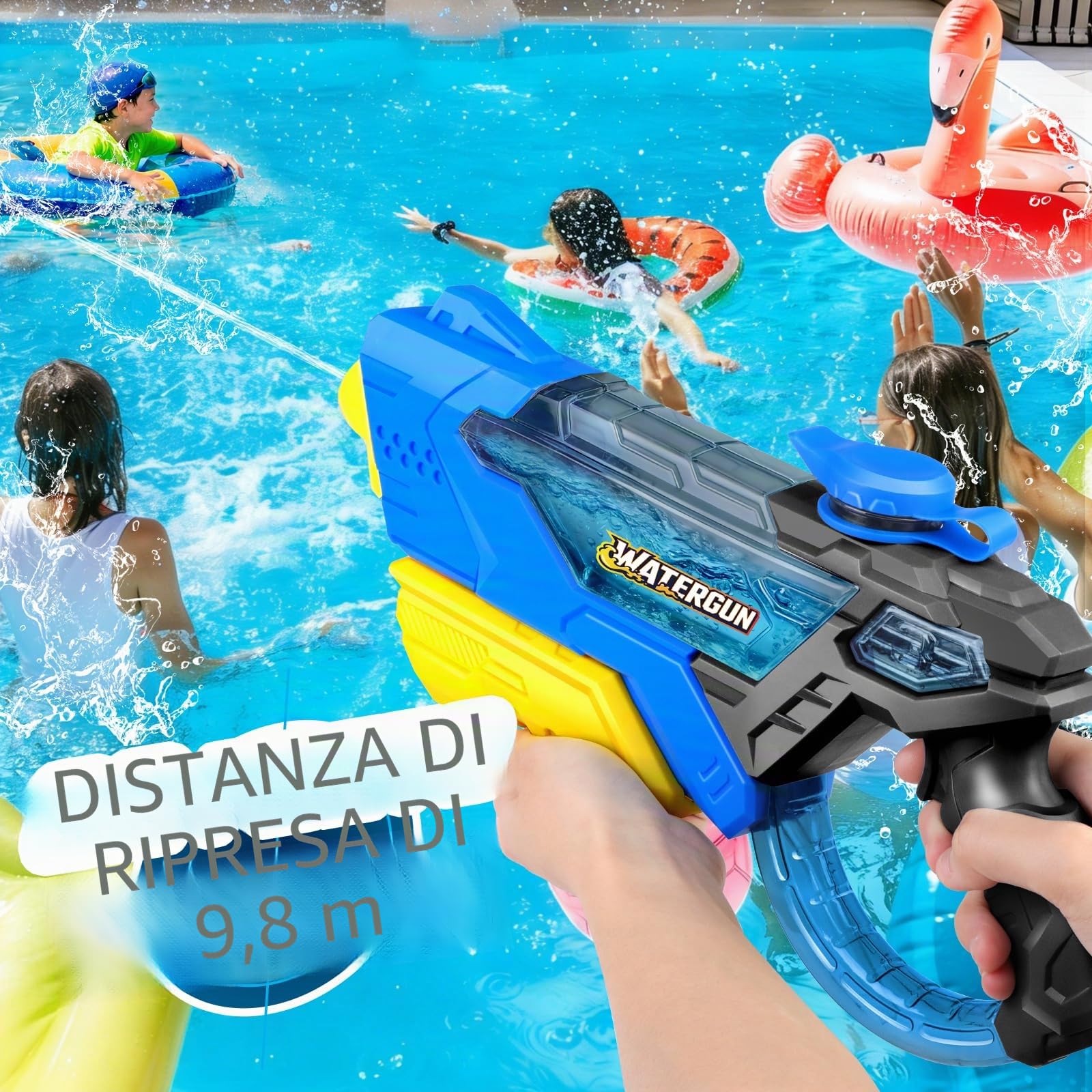 Pistola ad Acqua per Bambini – Portata 10 m, Serbatoio 600 ml, Pompa Manuale, Ricarica Veloce, Giocattolo per Piscina, Spiaggia e Giardino per Adulti e Bambini