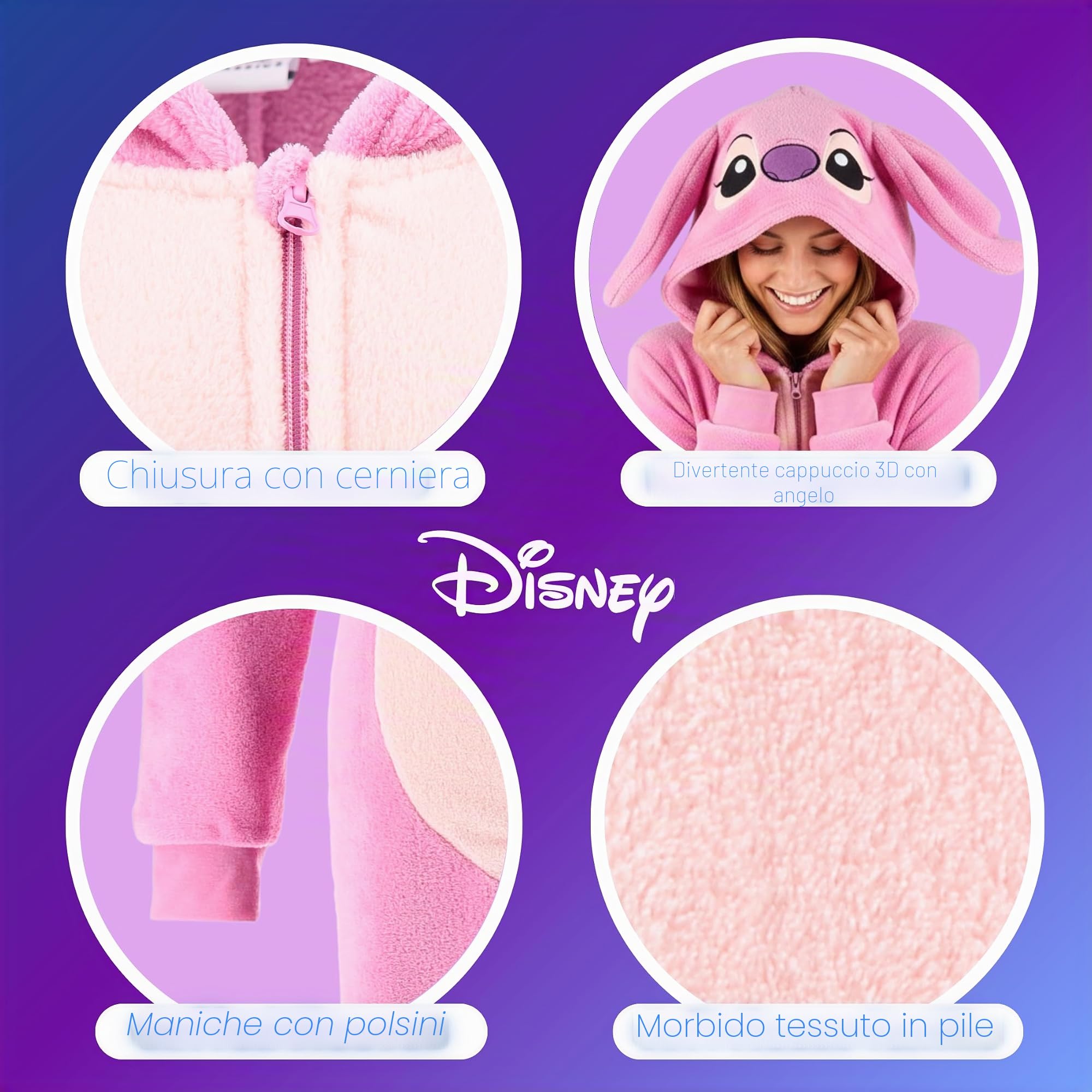 Disney Stitch Pigiama Donna, Pigiama Intero con Cappuccio 3D Angel, Pigiama Regalo per Donne, Ragazze e Adolescenti