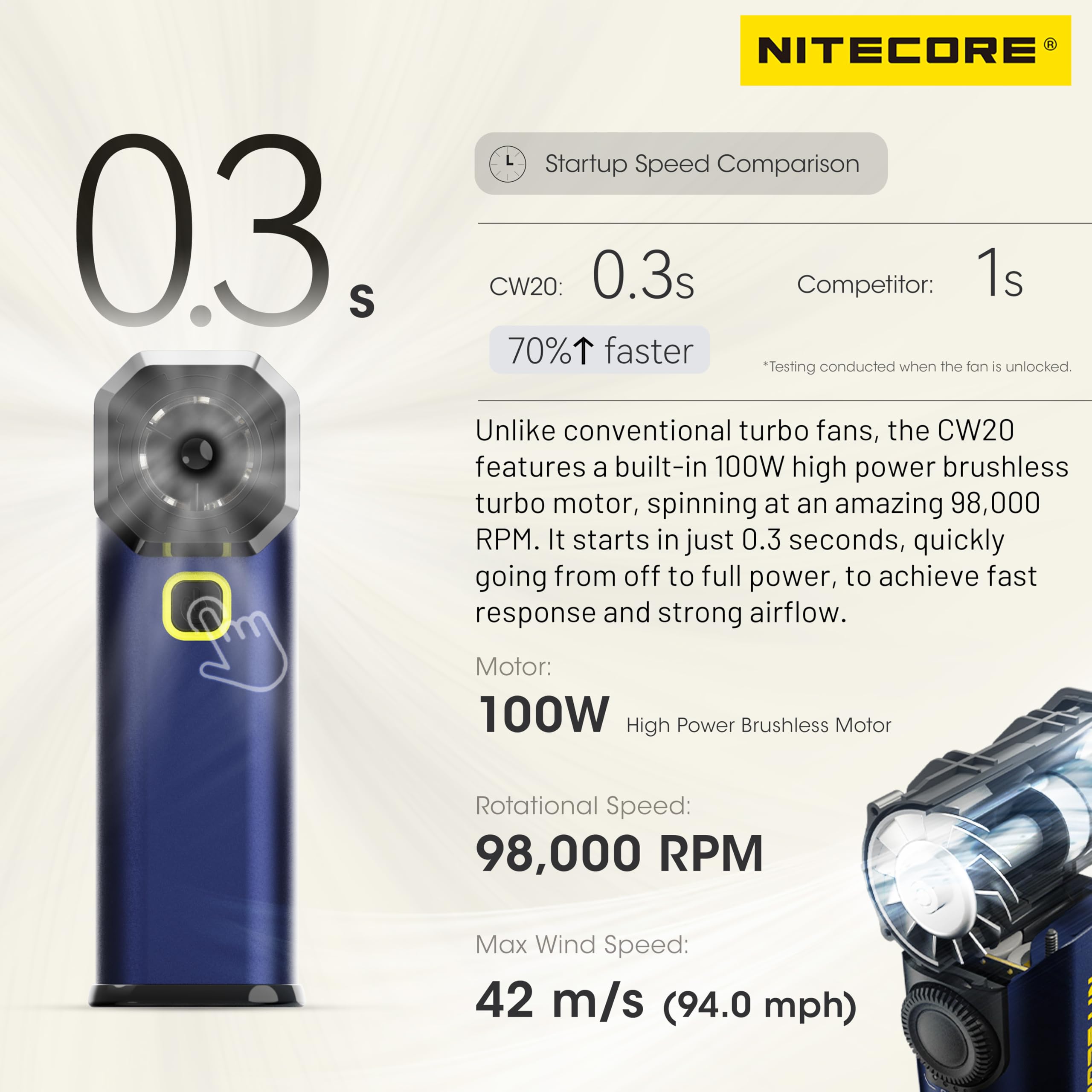 Ventaglio Tascabile CINEWIND CW20 - Per Fotografia, 100W, Batteria 20 Min, Ugelli Inclusi - Foto 8