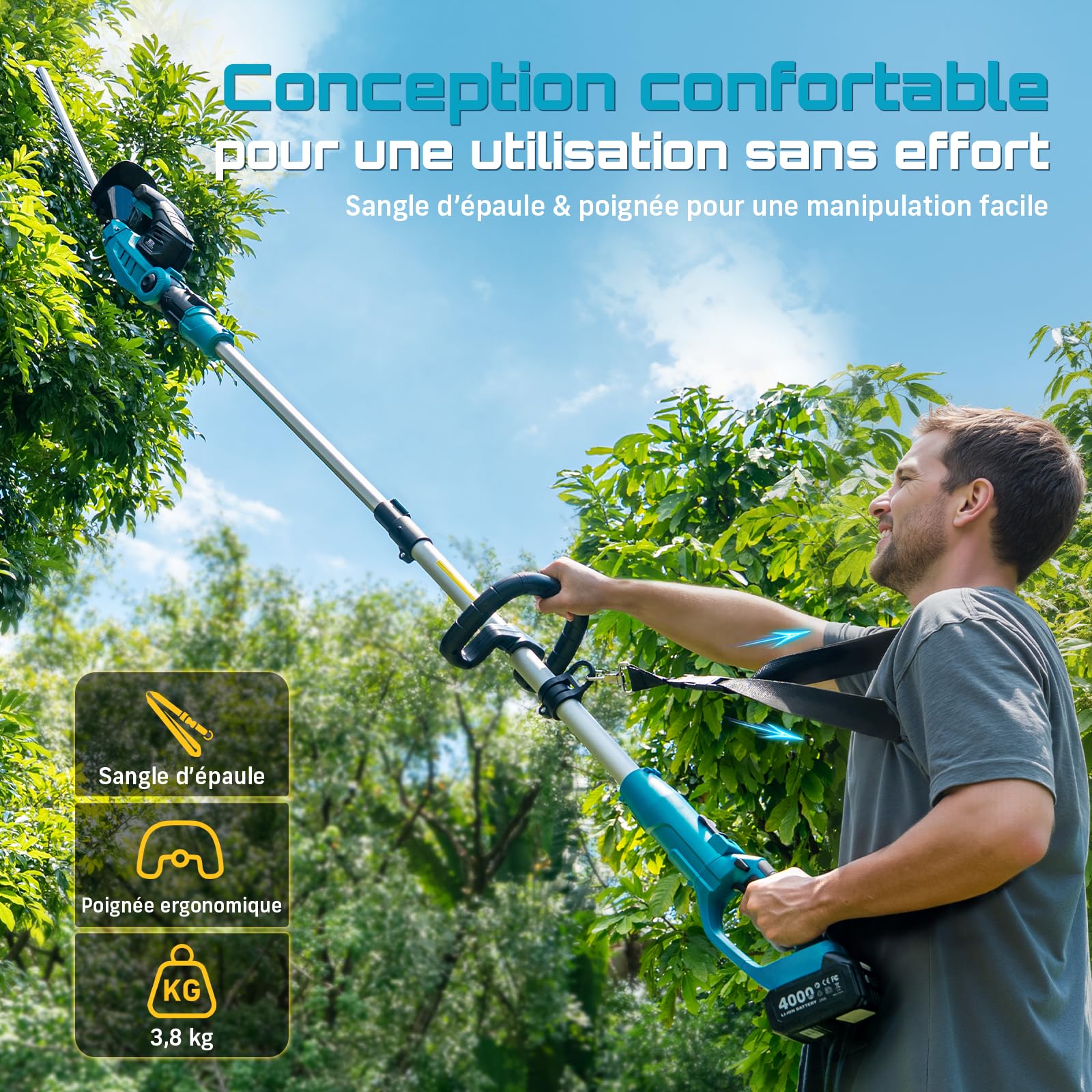 SEESII Taille Haie Batterie 2 en 1, Taille-Haies Électrique avec Lame de 53 cm, Portée Maximale de 2,6 m, Capacité de Coupe de 18 mm, 2 Batteries de 4,0Ah, Convient pour Jardin, Arbres et Arbustes