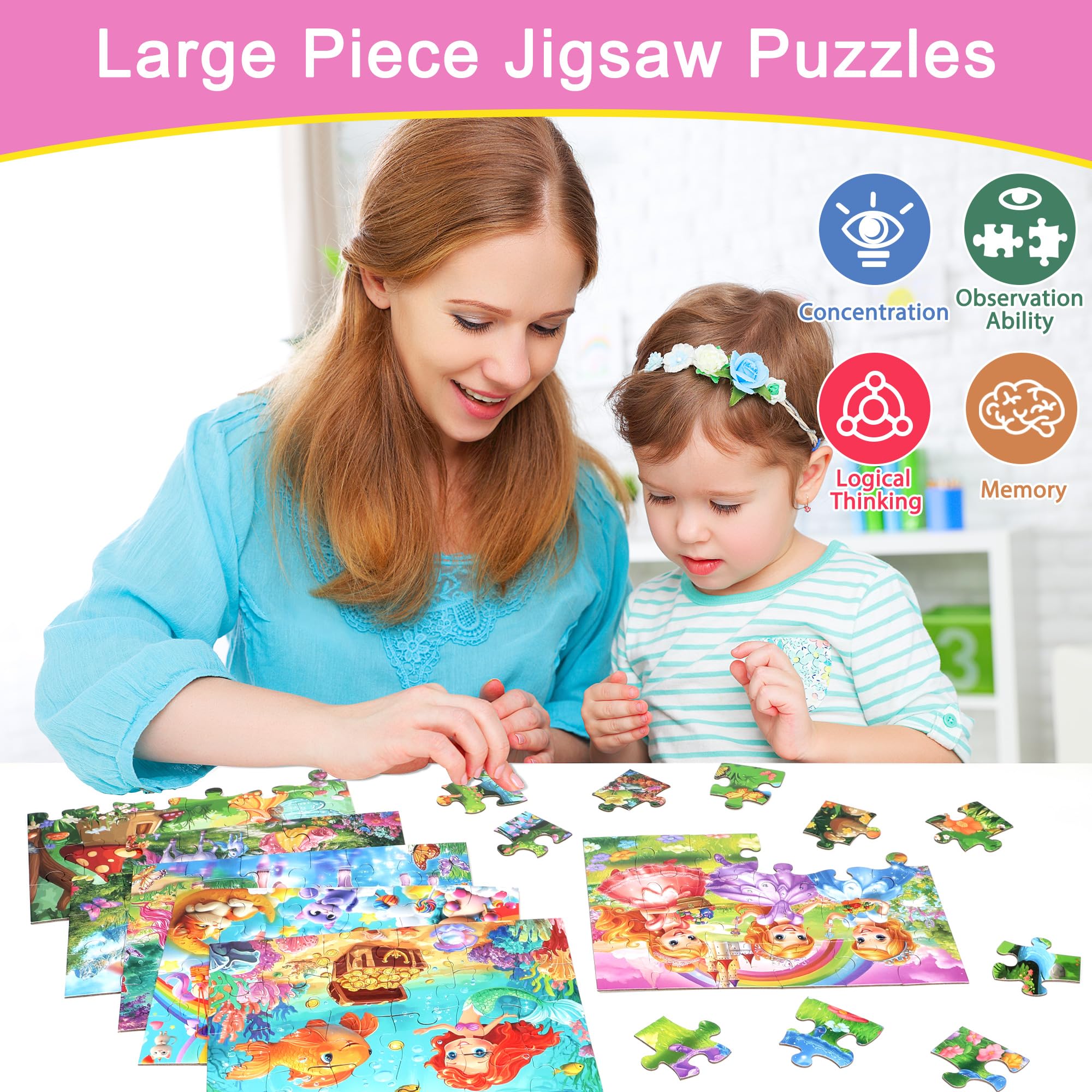 MZZOTOY 6 Puzzles für Kinder im Alter von 4-6 Jahren, 24 Puzzleteile Prinzessin und Einhorn für Kinder von 3-5 Jahren, 4-8, Lernspielzeug für Vorschule