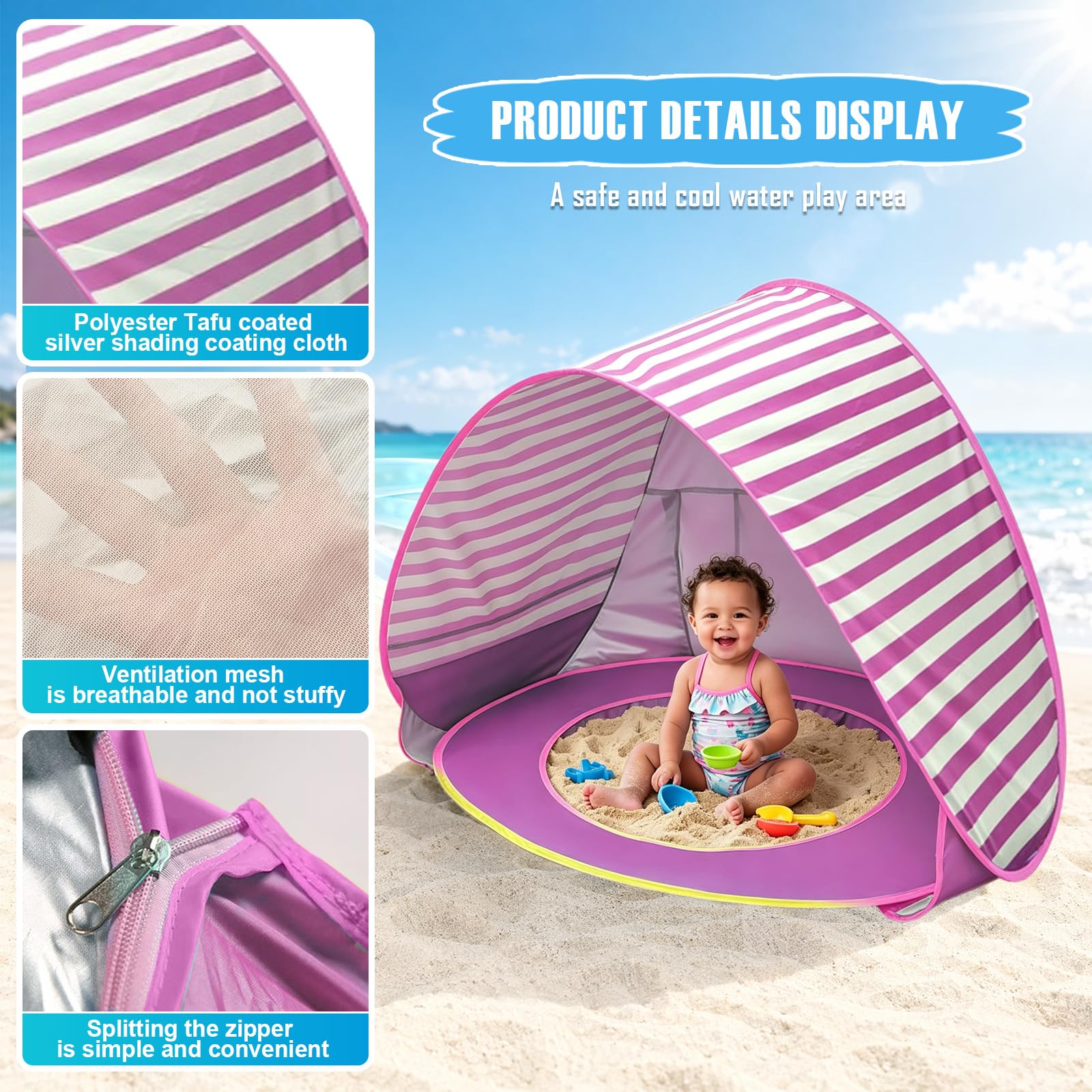 Refugio de playa para bebé con mini piscina, tienda de playa para bebé con protección UV, concha de playa portátil para niños, protección solar, tienda de playa para playa, jardín y viajes (rayas