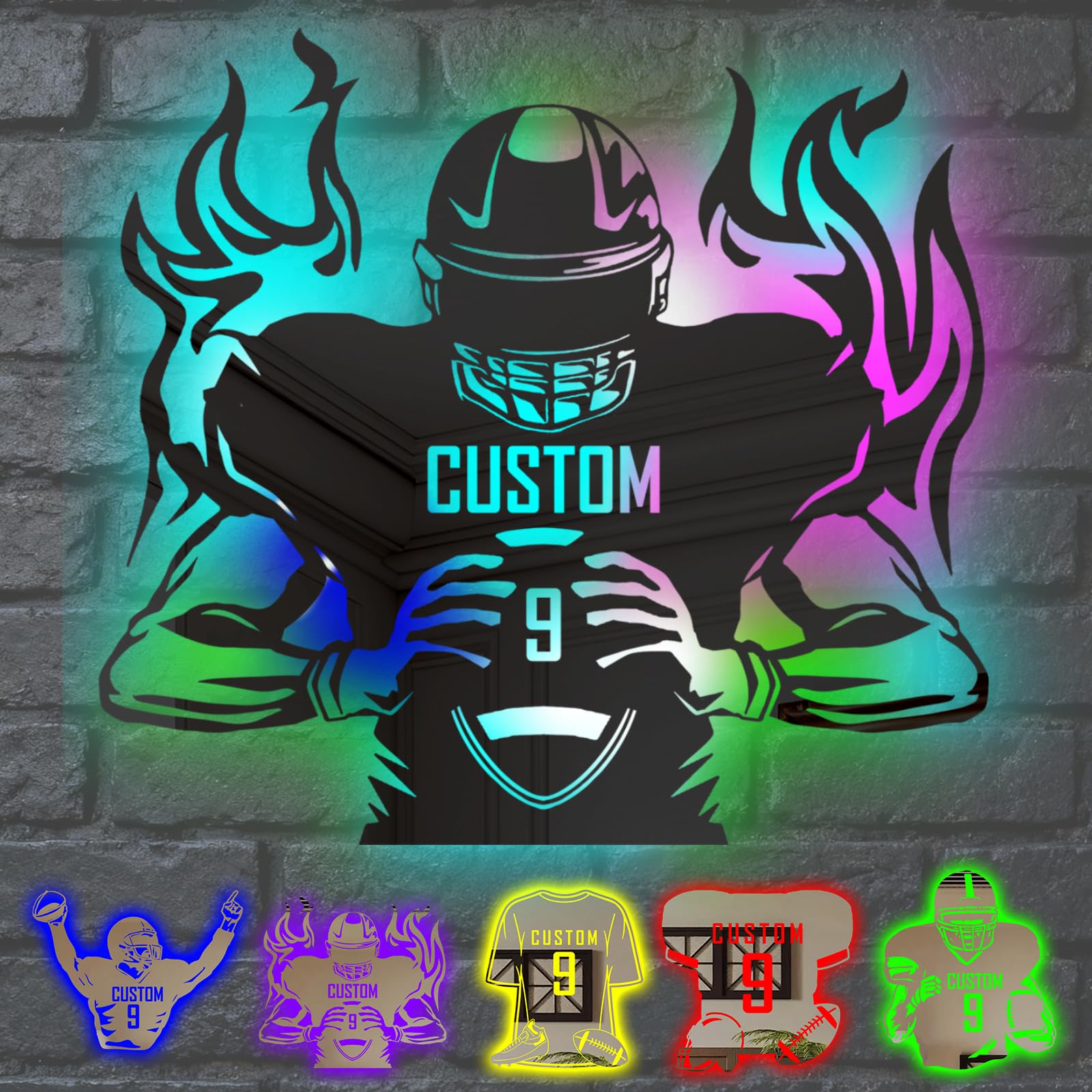WolunLi Personalised American Football Jersey Mirror Wall Night Light - Custom Name & Number LED Night Light for Bedroom, Kids Room Decor, Unique Sports Gift for Boys and Girls