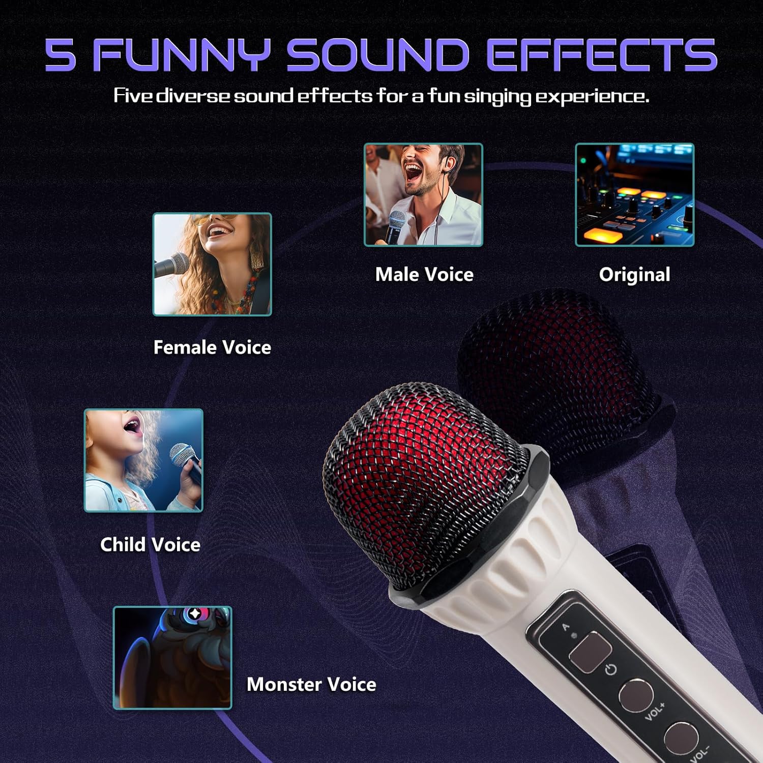 Karaoke machine displaying colorful LED lighting effects, with text indicating 7 lighting effects including Six Color-Changing Modes and One Music-Synced Beats Mode.