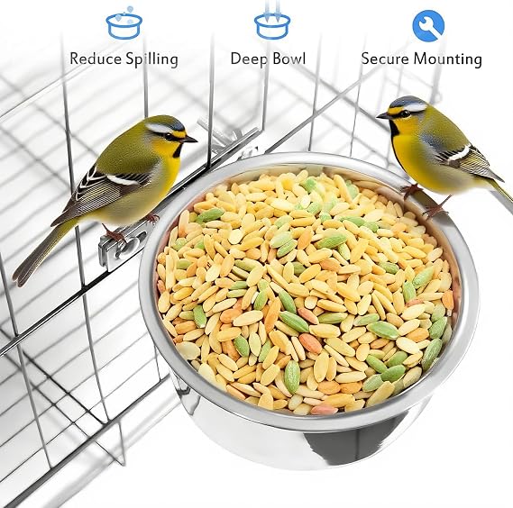 Hanging Stainless Steel Pet Bowls (2 Pack) - Quick Lock Food & Water Bowls for Kennel Crates & Cages, Fits Dogs, Cats, Birds, Small Pets (14-16cm)
