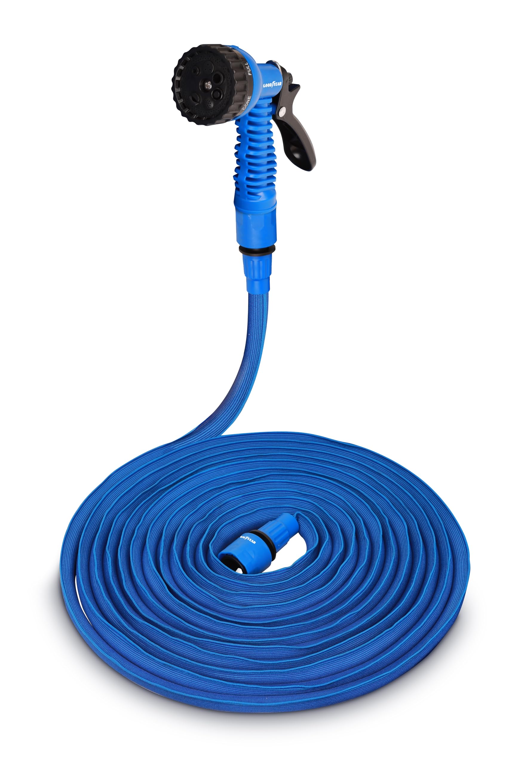 Goodyear – Manguera de Jardín Expandible 30m (100ft), Ligera y Anti-Torsión, Incluye Pistola de Riego 7 Posiciones y Conectores Rápidos 1/2" y 3/4", Azul