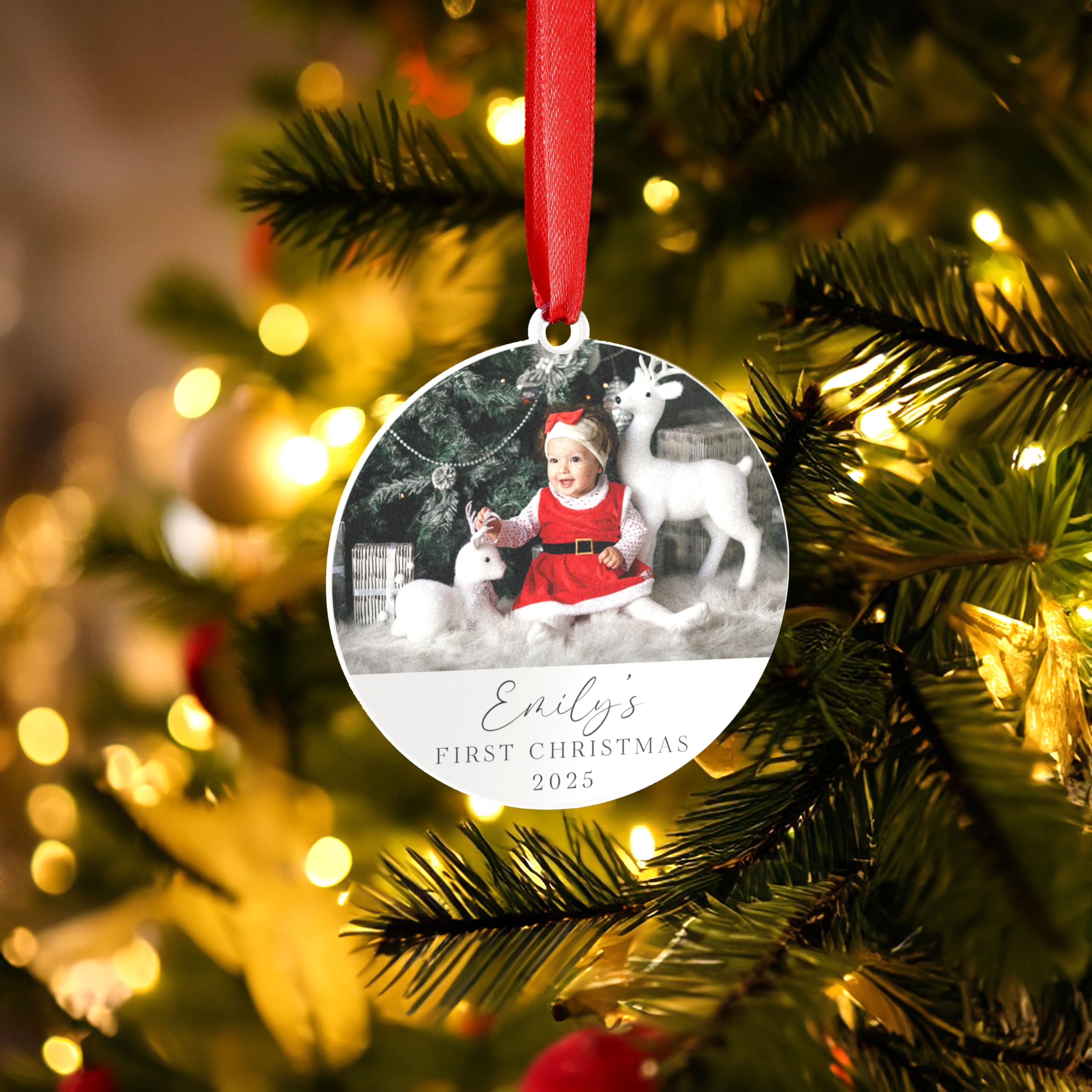 A1 Graphics Ltd White Personalised Baby Christmas Bauble Ornament Baby's First Newly Weds Engagement Wedding Present Photo Design (White)