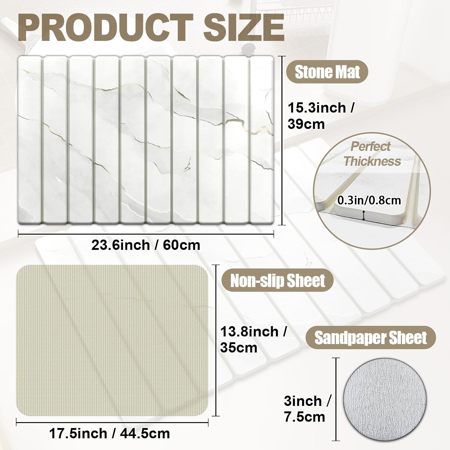 Foldable Diatomite Stone Bath Mat Quick Dry, Non-Slip Stone Bathroom Mat 23.6 x 15.3 inch, Super Absorbent Mats for Shower Dish Drying Mats for Kitchen, White - Image 2