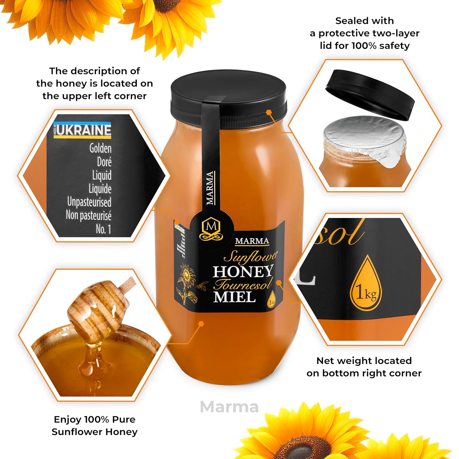 HONIGMA® Marma Sunflower Honey | Authentic Raw Honey from Ukraine | 100% Pure, Unpasteurized & Fully Crystallized | 1000g/35.2oz | Naturally Solid Texture | Pack of 4