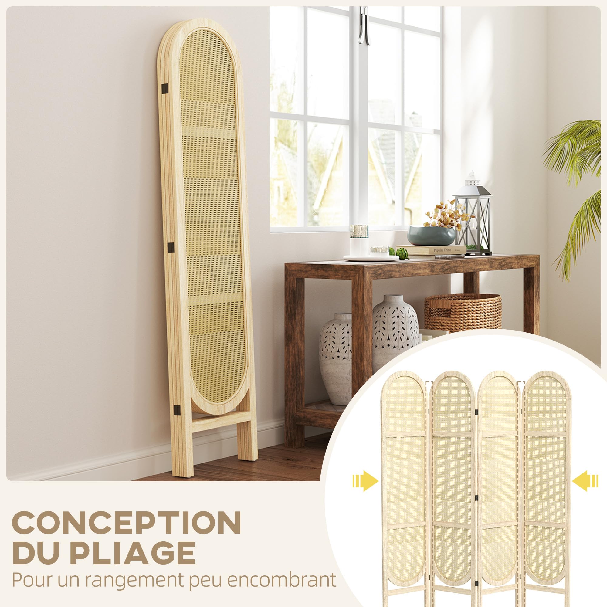 HOMCOM Paravent Interieur en Bois 4 Panneaux 170 x 160 cm séparateur de pièce Pliable et Portable, Motif tissé à la Main, cloison de séparation pour Salon Chambre à Coucher Maison, Bois Naturel