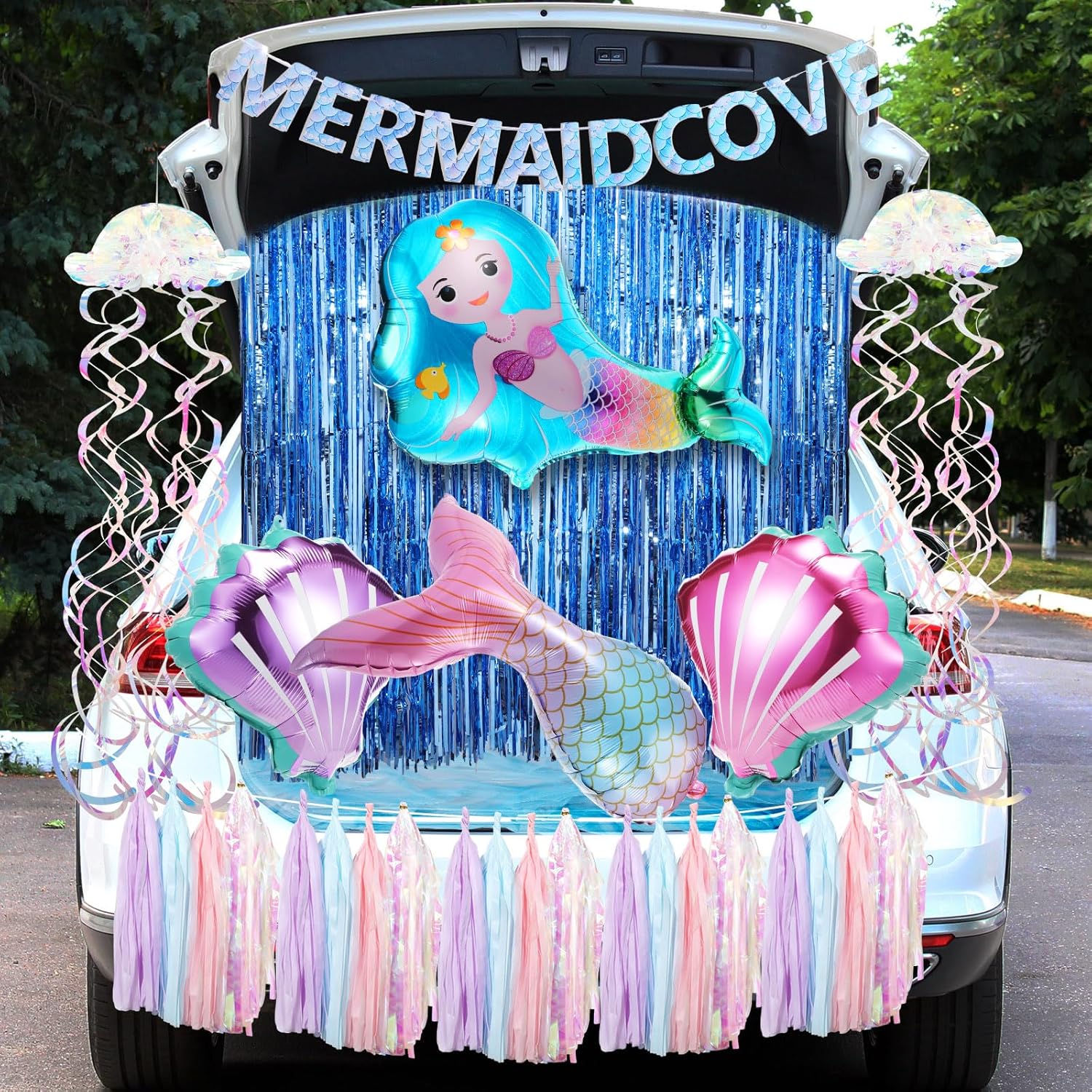 HunnmingRe Halloween Trunk or Treat Car Decorations Kit Mermaid Theme Ocean Decors for SUV Jellyfish Animal Car Backdrop Sea Balloon for Archway Garage Door Christmas Halloween Church Party Decor