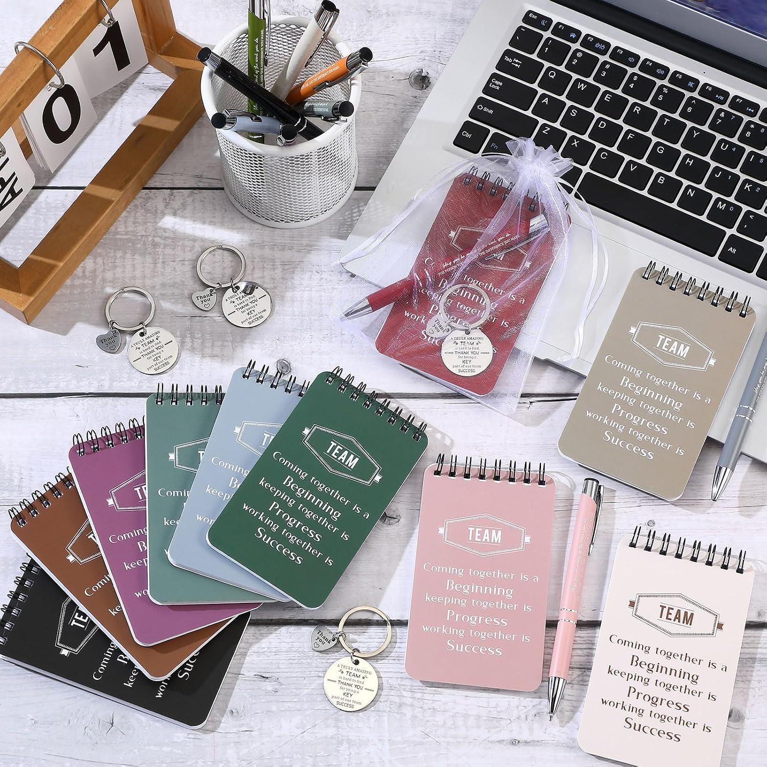 Fulmoon 80 Pcs Employee Appreciation Gifts Set Include Notepad Pen Thank You Keychain Organza Bag, Going Away Retirement Birthday Christmas Team Gift for Member Coworker(Multicolor,Team)