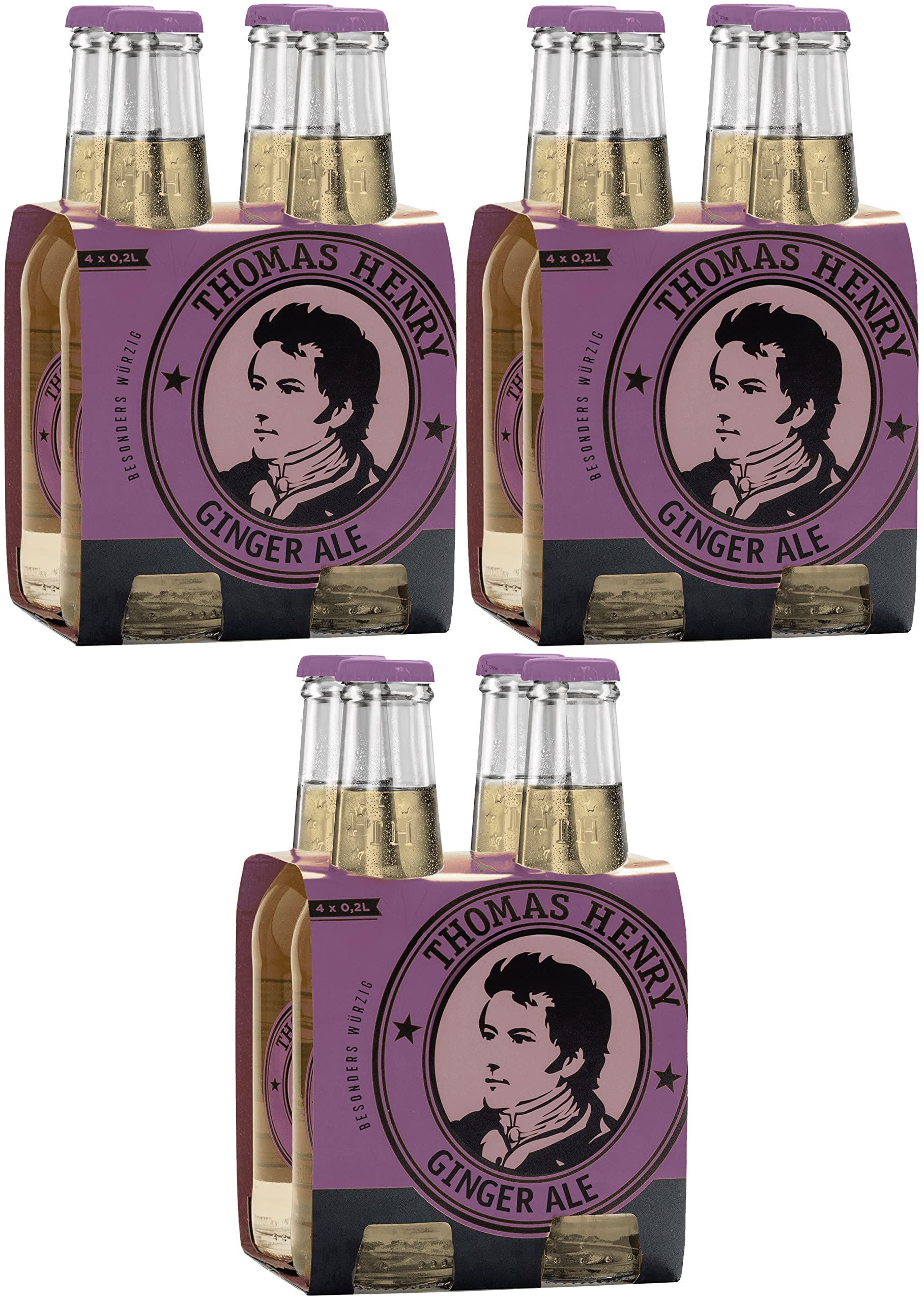 Thomas Henry Ginger Ale - besonders würzig - (3 x 4 x 0,2 l Glas MW) 3er Set Ingwerlimonade zum Mixen deiner Longdrinks und Cocktails mit Whisky, Rum & Co.