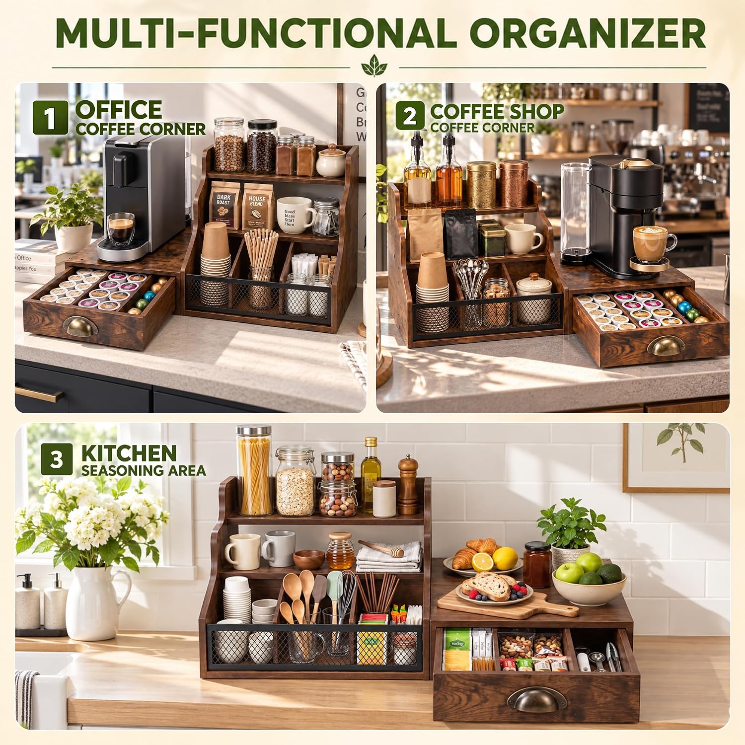 Coffee Station Organizer 3-Tier Syrup Rack with K Cup Holder Drawer