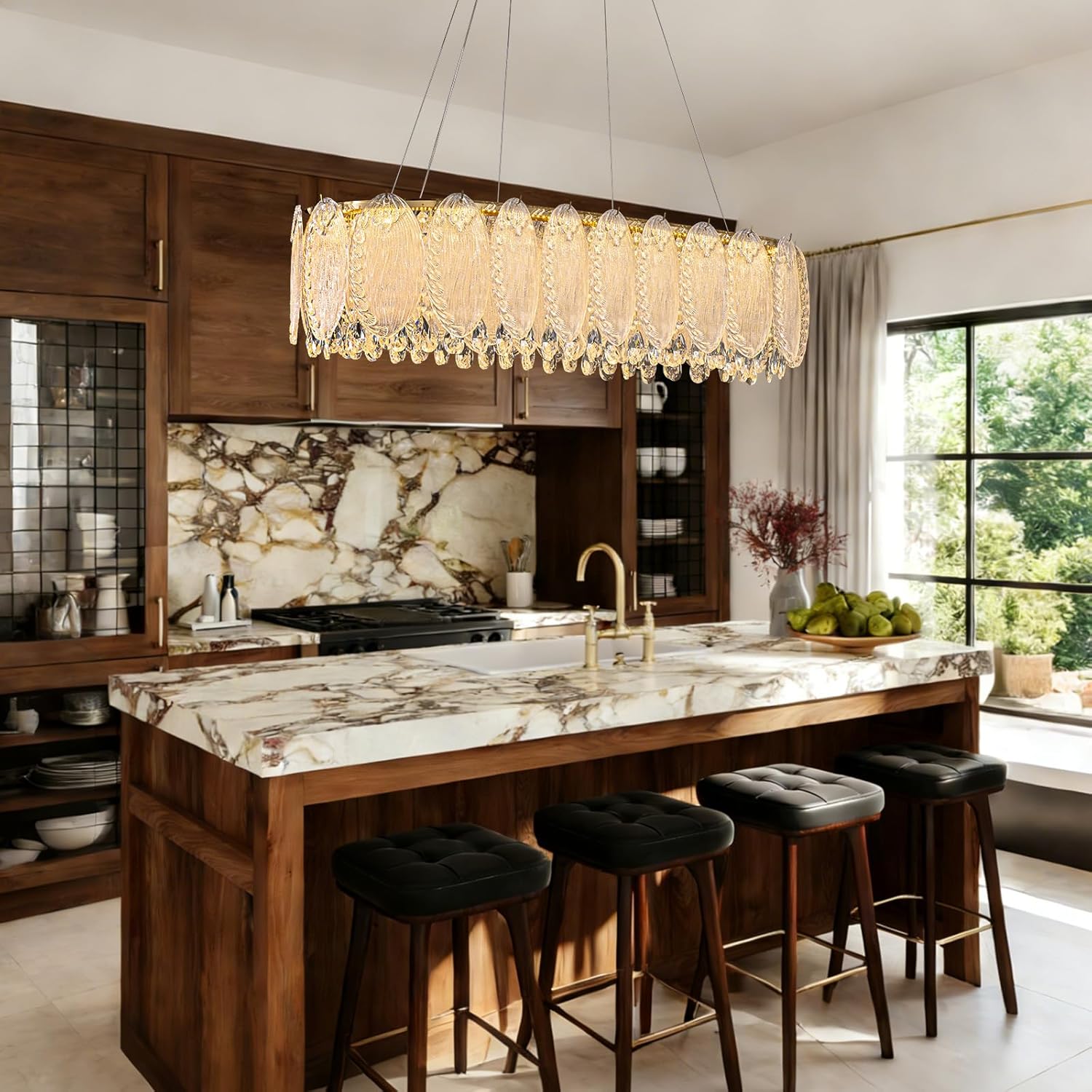 Modern Gold Rectangle Chandeliers for Dining Room Kitchen Island Light Fixture, Water Ripple Crystal Glass LED Chandelier for Living Room, 2700K-6000K