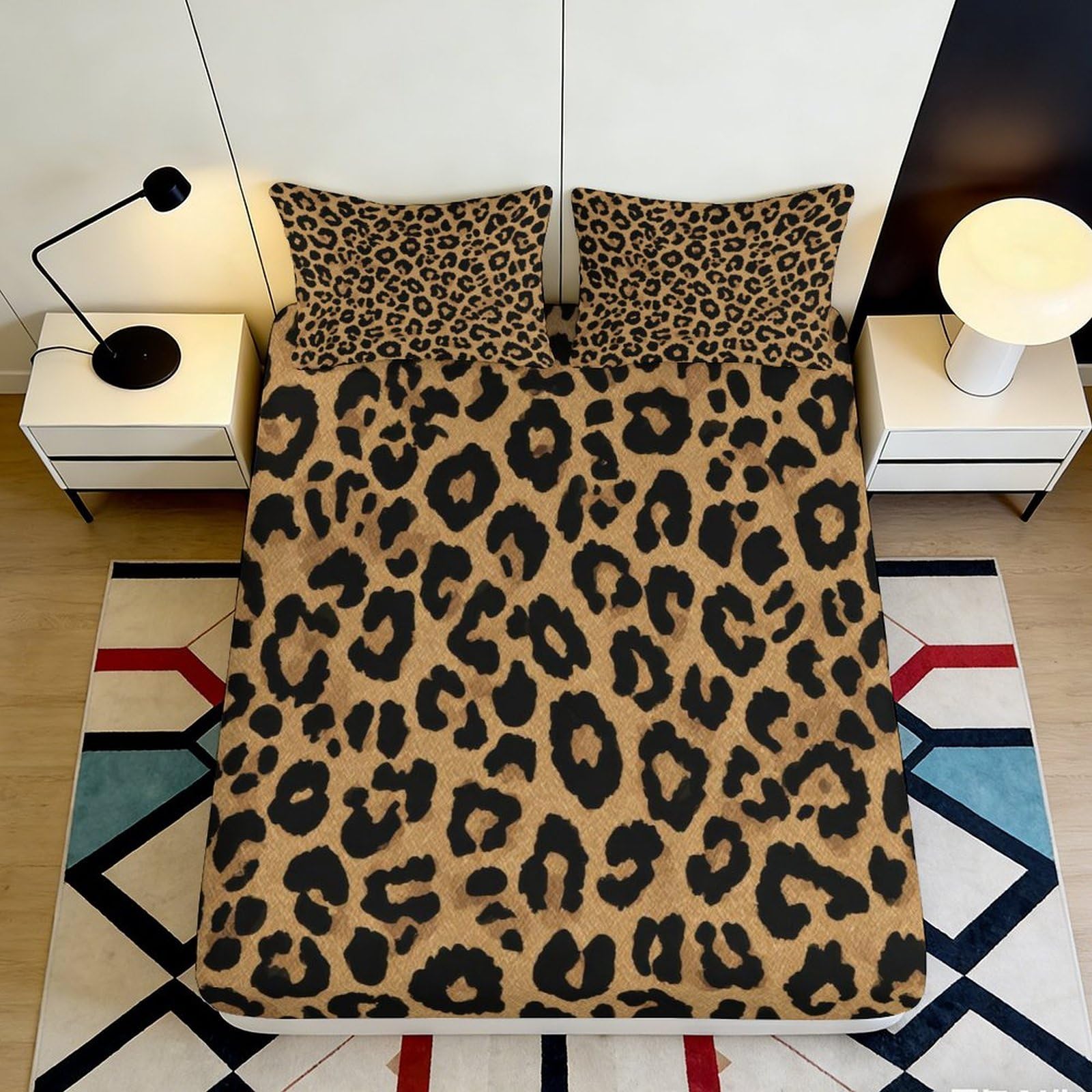 3D Printed Leopard Pattern Fitted Sheet Microfiber Soft Anti-Slip Large Cheetah Mattress Cover for Bedroom Dorm Decor 200x200x25cm