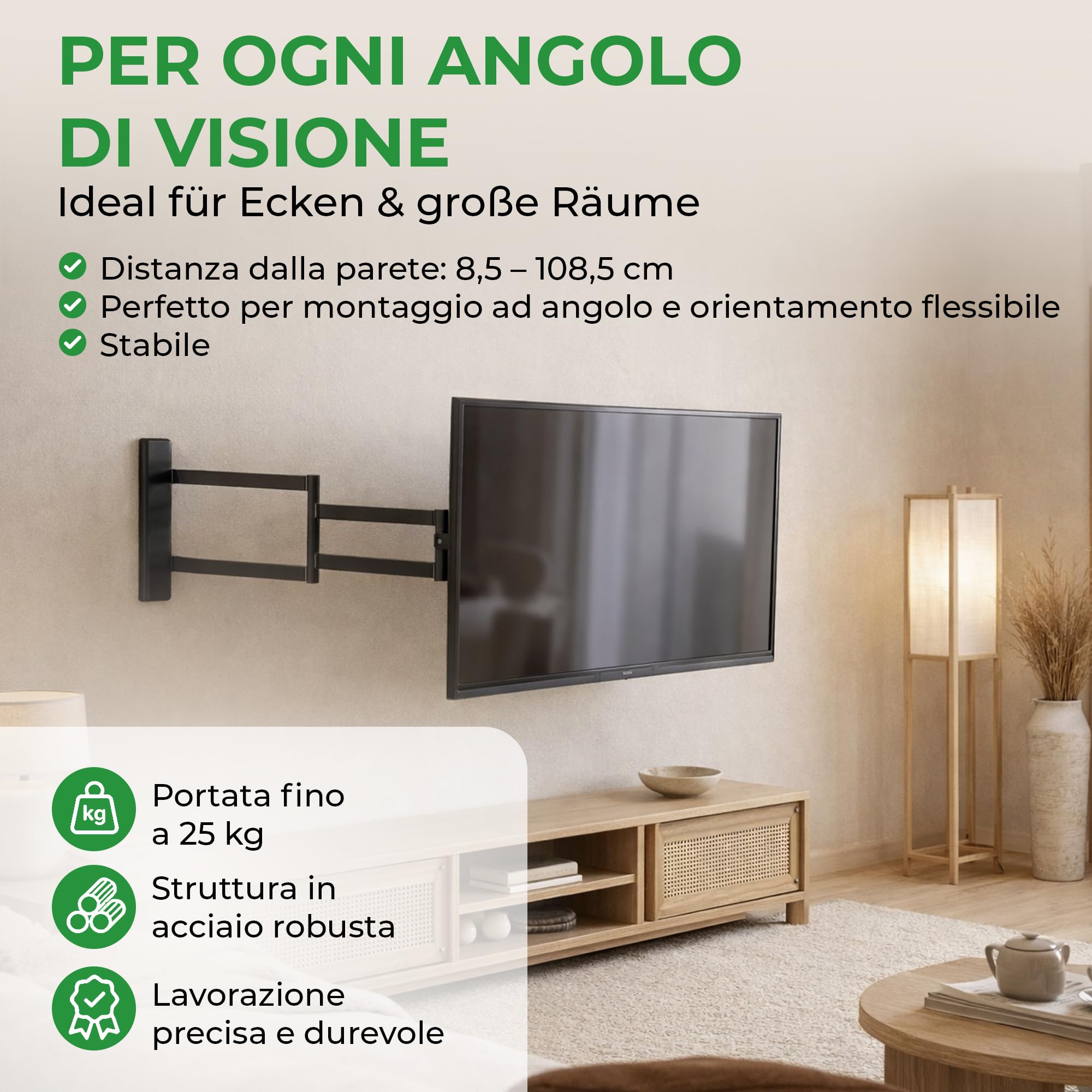 Axis XL 108,5 cm Supporto TV Parete per 50–75 Pollici – Braccio TV Extra Lungo fino a 108,5 cm, Girevole, Inclinabile e Rotazione, Portata 25 kg, VESA fino a 200x200 mm