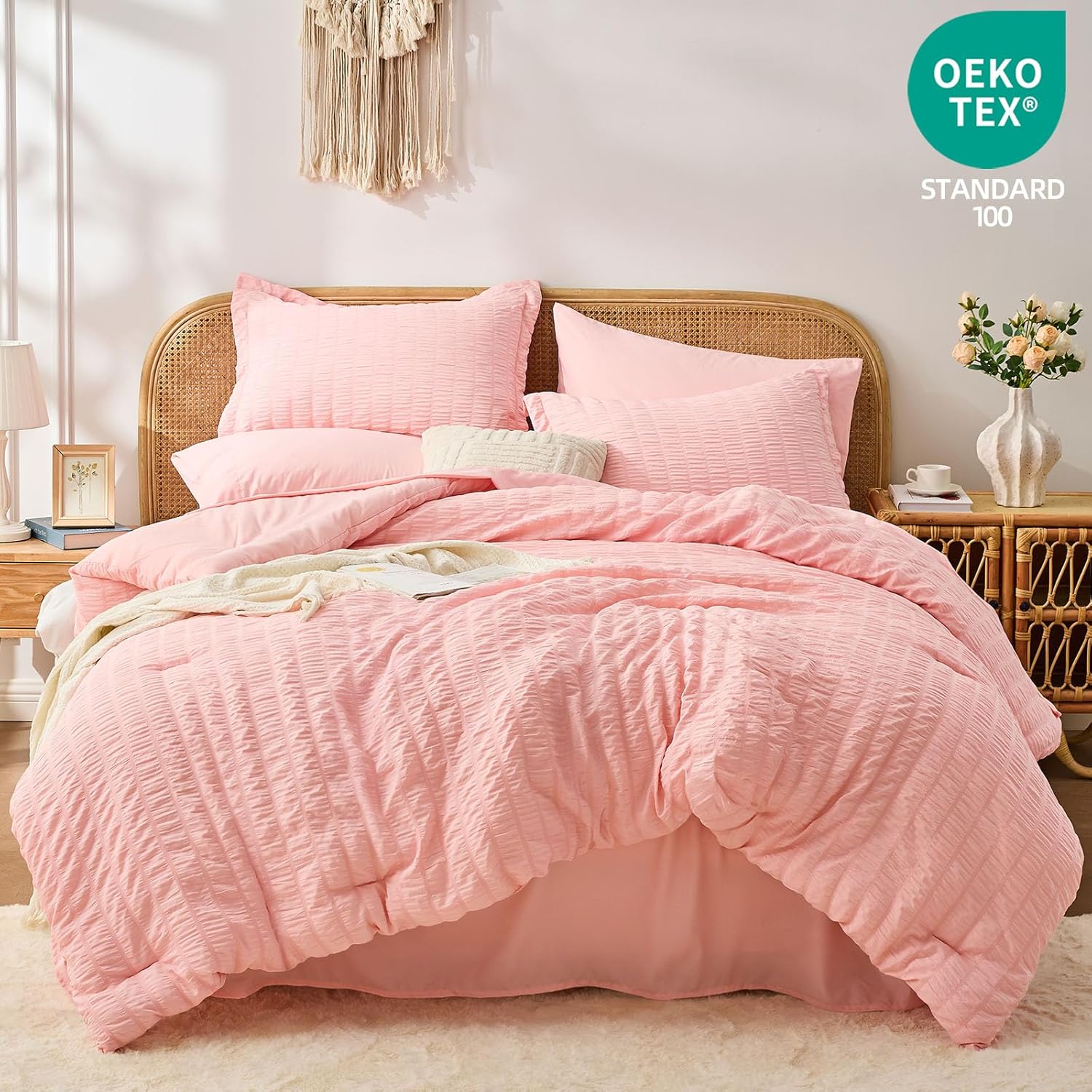 FUANNA Pink Queen Comforter Set 7 Pieces, Luxury Seersucker Queen Bed Set for All Seasons, Soft Bed in a Bag Queen Size with Comforter, Flat Sheet, Fitted Sheet, Pillowcases & Shams for Room Decor - Image 5